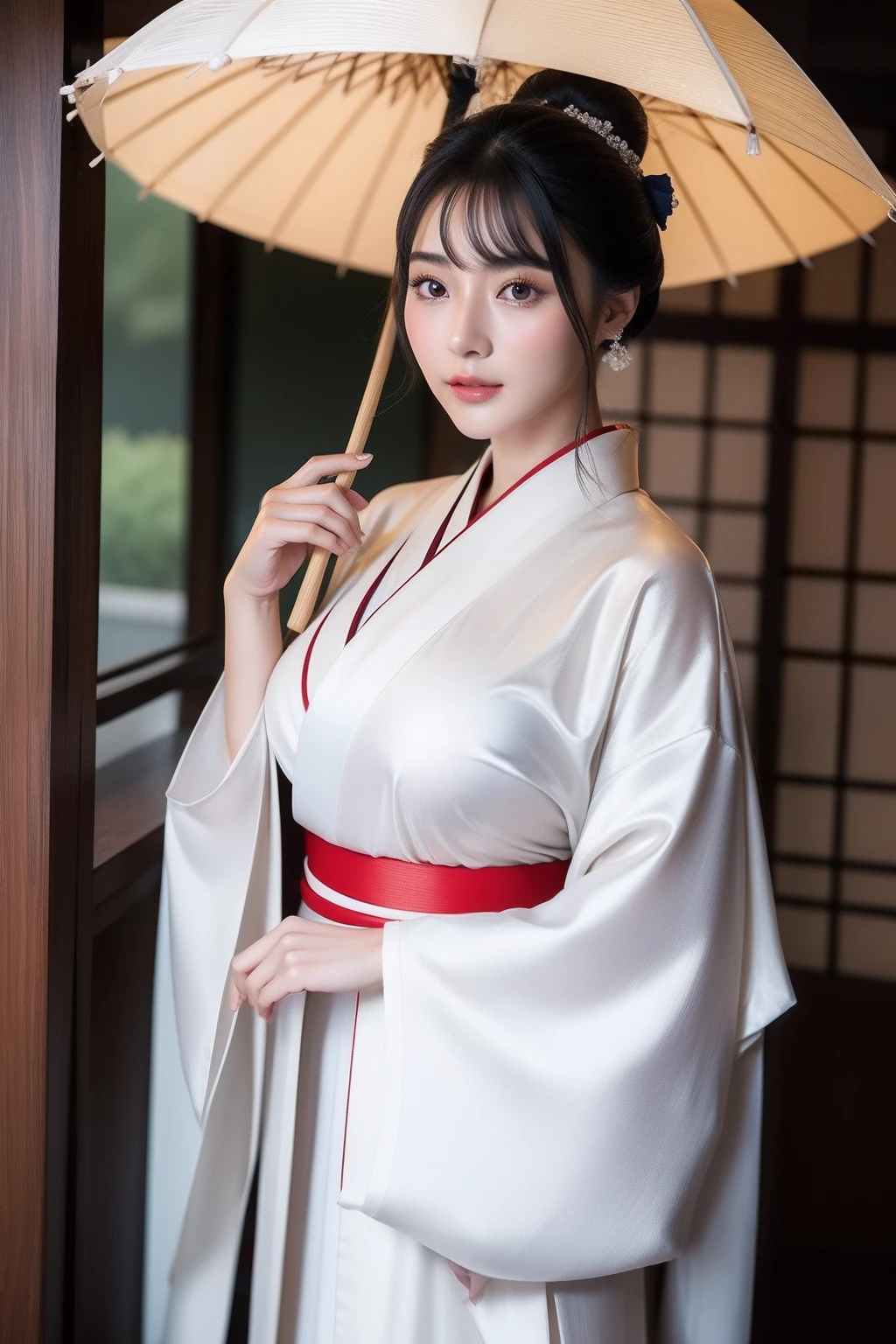 araffe dressed in a kimono and holding an umbrella, in kimono, in a kimono, japanese goddess, wearing kimono, kimono, glamorous and sexy geisha, wearing a kimono, wearing kimono armor, japanese kimono, anime girl cosplay, classic kimono, organic seductive geisha, cosplay photo, onmyoji, wearing white silk robe, pale and coloured kimono, cosplay, gorgeous young korean woman, beautiful south korean woman, korean girl, beautiful young korean woman, korean woman, heonhwa choe, korean women's fashion model, sexy look, big breast, sexy pose, show breast, grey hair