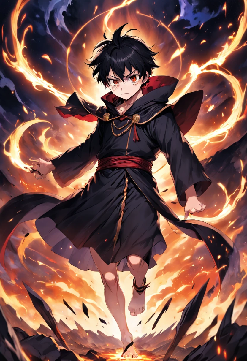 A young man,crazy expression,Akame,brunette color hair,short detailed hair,Black toga,hoods,Long Staff,suns,food,Formation of France,altar,Awesome mantra,casting spells,Villain,Black Gas,great laughter,fanaticism,Lowball,Blood sacrifice,altar,darkly,standing on your feet,kerchief,dead body,outside of house,Dark Wizard,stares at the camera,laughingly,Plotting bad things,The eye,Feet