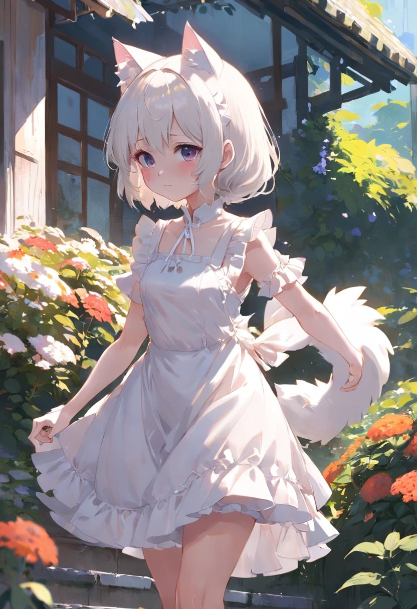 No arm frills required，Anime cat-eared girl in white dress standing in garden, Lori in dress having breakfast, small curvy loli, artwork in the style of guweiz, guweiz on pixiv artstation, guweiz on artstation pixiv, guweiz, small loli girl, soft anime illustration, Anime visuals of cute girls, Detailed Digital Anime Art