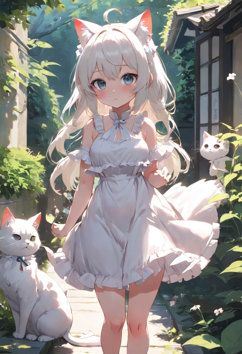 No arm frills required，Anime cat-eared girl in white dress standing in garden, Lori in dress having breakfast, small curvy loli, artwork in the style of guweiz, guweiz on pixiv artstation, guweiz on artstation pixiv, guweiz, small loli girl, soft anime illustration, Anime visuals of cute girls, Detailed Digital Anime Art