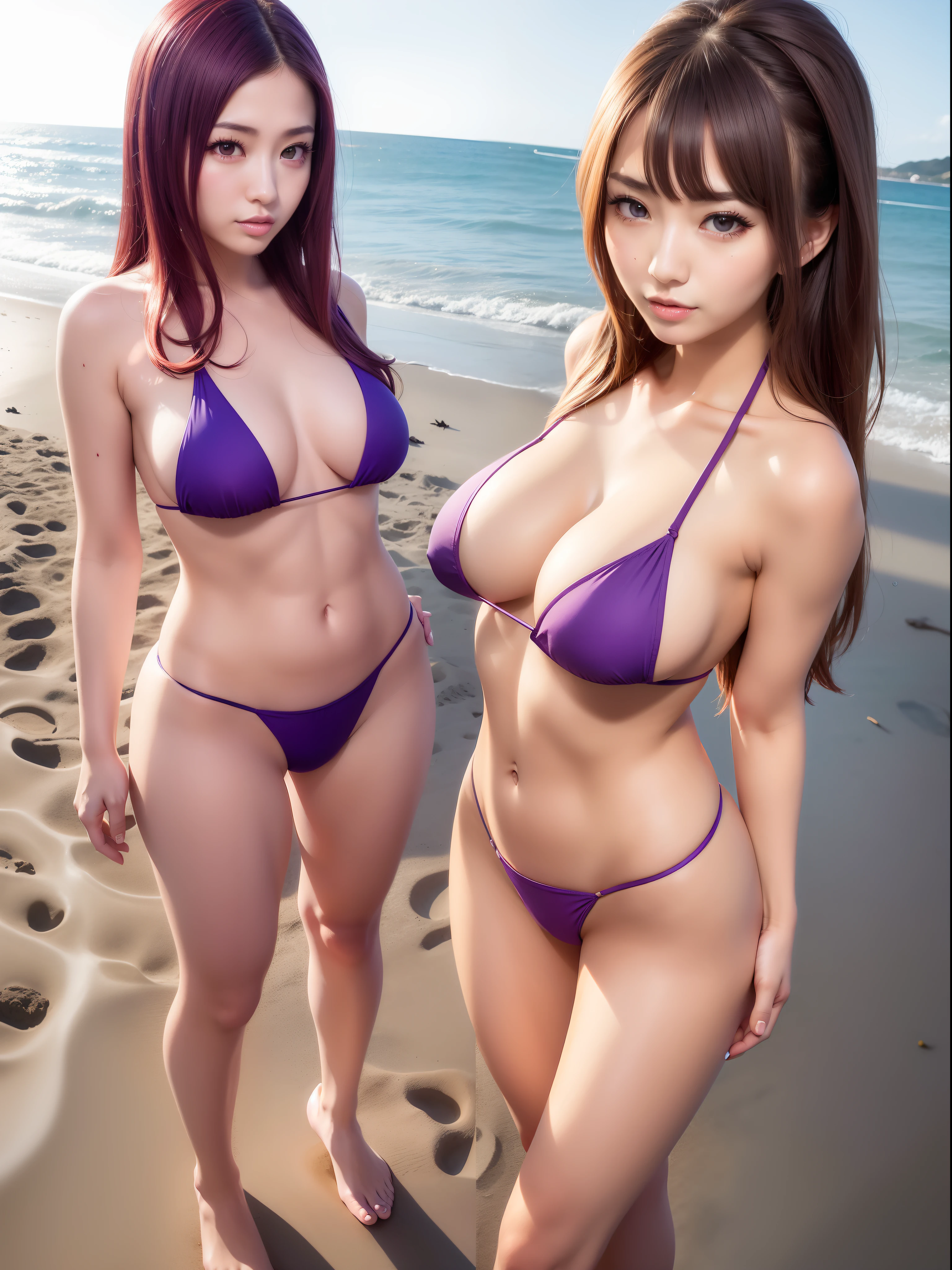 masutepiece、top-quality、Top image quality、8K、Professional Photographer、profetional lighting、japanes、Sexy posing alone on the beach、A slender、A sexy、 Beautuful Women、Colossal tits、Constricted waist、small ass、Hostess、gals、Purple Bikini、highleg((Bite)(Mansuji))、