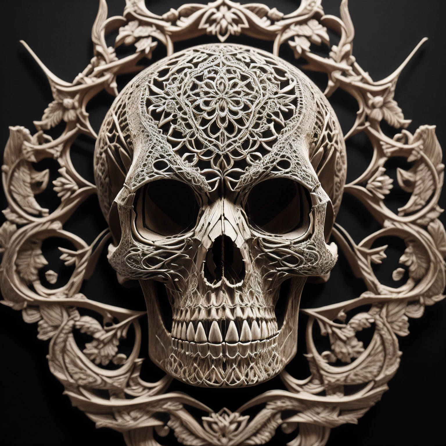 There is a huge wooden skull,There are intricate patterns on it, made of intricate lace skeleton, intricate skeletal decorations, intricate digital artwork, Thomas Villatte is intricate, intricate 3 d sculpture, Beautiful bone structure, masterpiece of intricate artwork, fantasy skull, intricate digital art, digital intricate art, Obras de arte intrincadas, intricate 3 d illustration, intricate render, made of intricate metal and wood