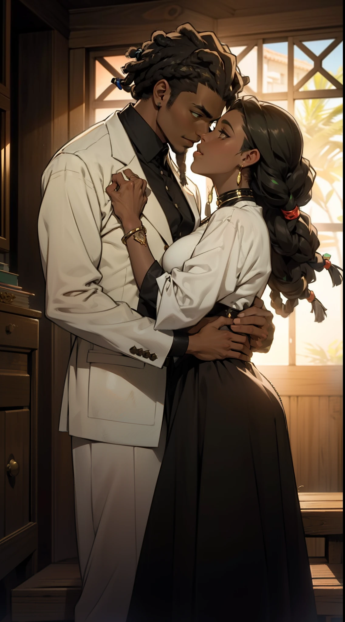 "Produza uma imagem de estilo anime que celebra o amor entre casais negros. A garota, pele negra, pele negra, pele negra 1.5,  with black leather and thin African braids, possui ((olhos verdes)) encantadores. Seu parceiro, {de pele escura e cabelos: 1,5}, ((Dreadlocks curtos)), tem olhos brancos expressivos. Ambos usam casacos largos com detalhes dourados, adding a touch of sophistication. Ambientada em um jardim, a cena retrata beijos apaixonados entre eles. Transmita a intensidade do amor eterno entre esses amantes negros, highlighting their unique characteristics and the romantic connection they share."." Casaco ((camisolas estilosas, super na moda, super look))".