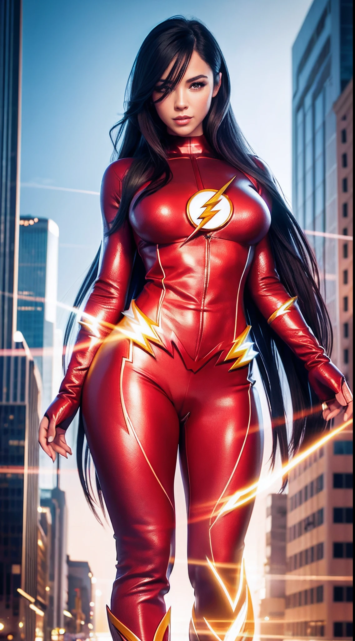 ((Flash woman)) , big breasts , medium hips, (( ultra realistic )), TM Ninja white,Icons, vibrant colors, vector style, digital art, 4k, intricate details, Mesmerizing, professionally made, Beautiful vector Illustration, 12k resolution, ..3d, all characters full-length detailed, ((highly detailed)), ((vibrant)),((Ultra high quality)), ((hyperrealism)), ((photorealism)), [ octan render], in the city, many cars (realistic)