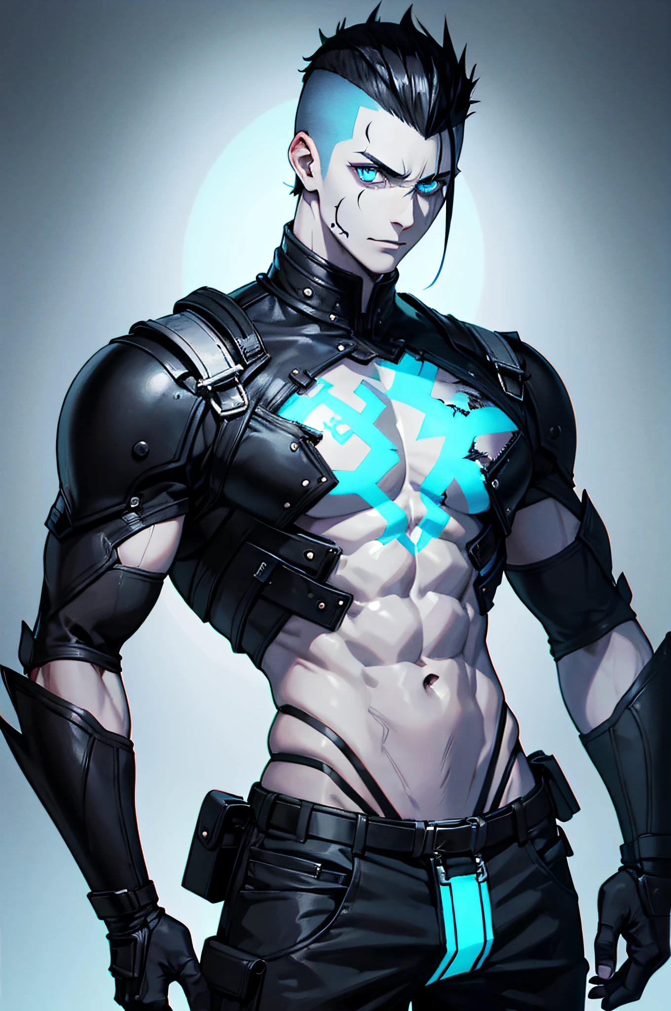 Male Character. He is a Zombie. He has black hair. He has a short Mohawk hairstyle. He has glowing, light blue eyes. He is well built. He is tall.