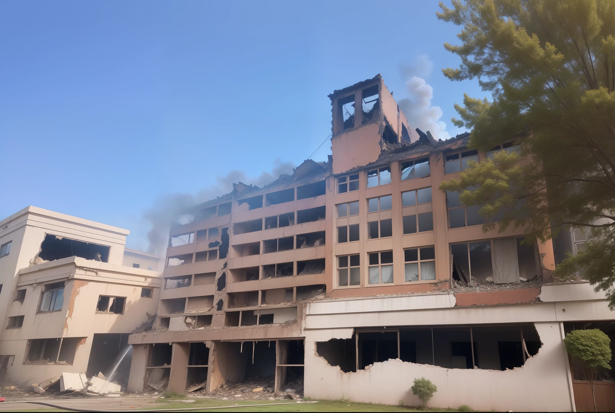 The exterior of the house exploded,Houses collapsed,House fires,Smoke came out of the windows of the house,The surface of the house is full of flames
