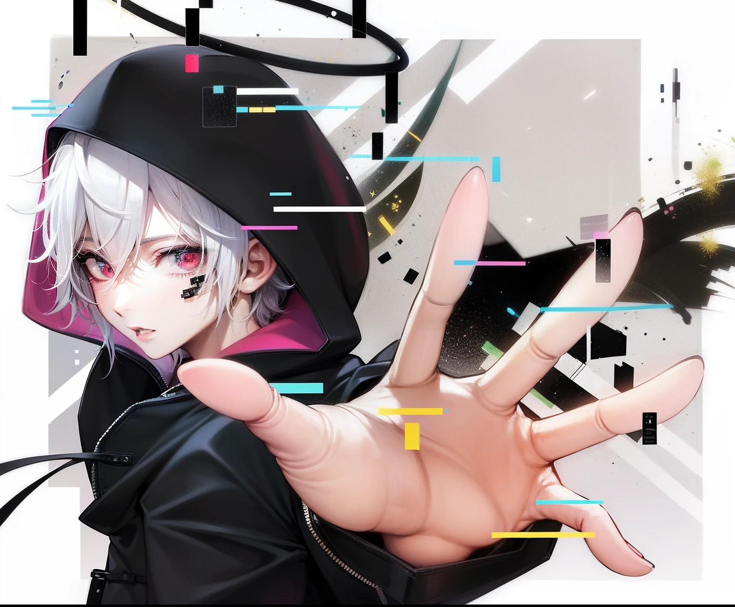 Um homem usando uma jaqueta preta com capuz, cabelos brancos, olhos vermelhos, 4k, estilo de arte anime, Homem Hacker, Mundo Glitchy