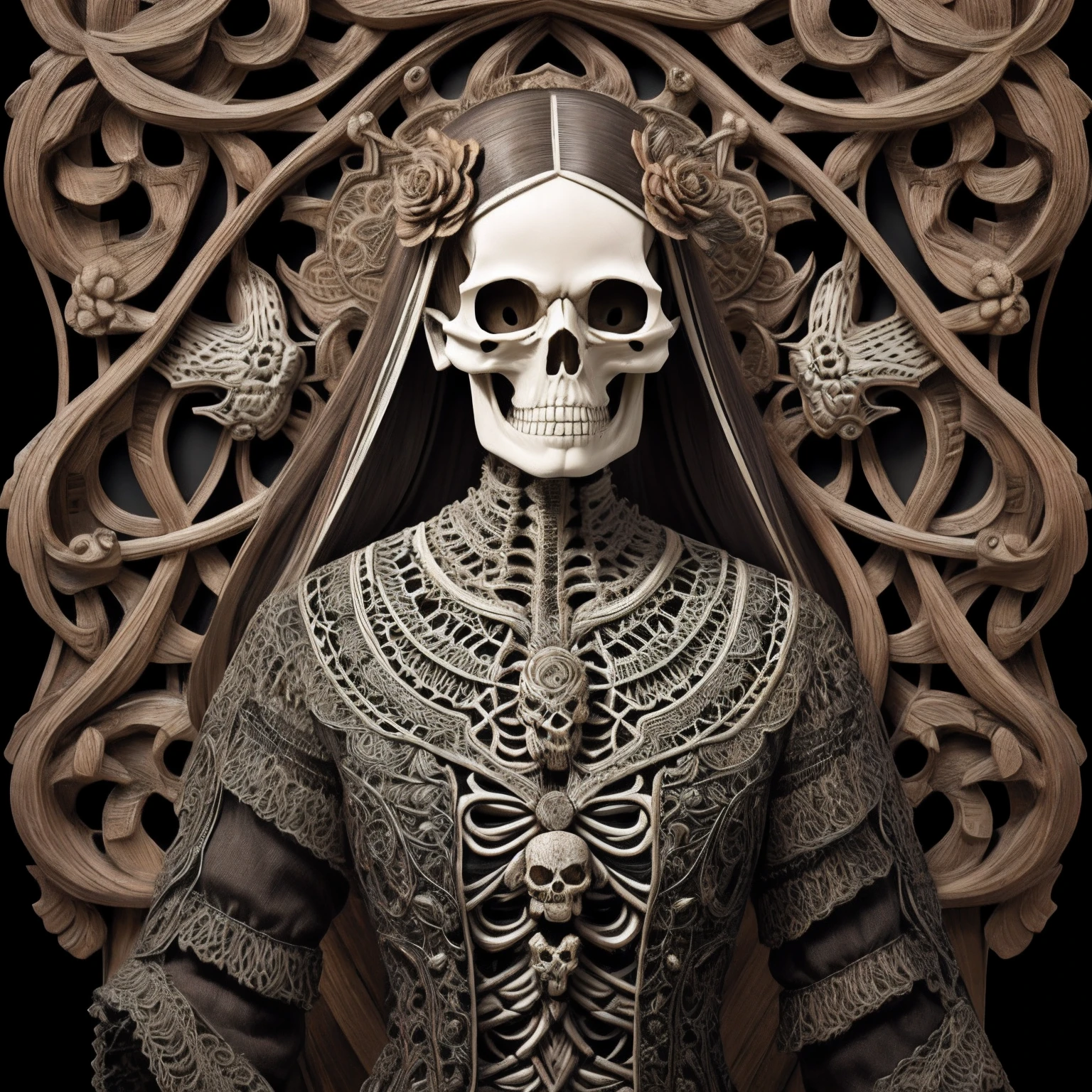 "skull woman, finely dressed and wearing fine jewelry dressed in a long dress