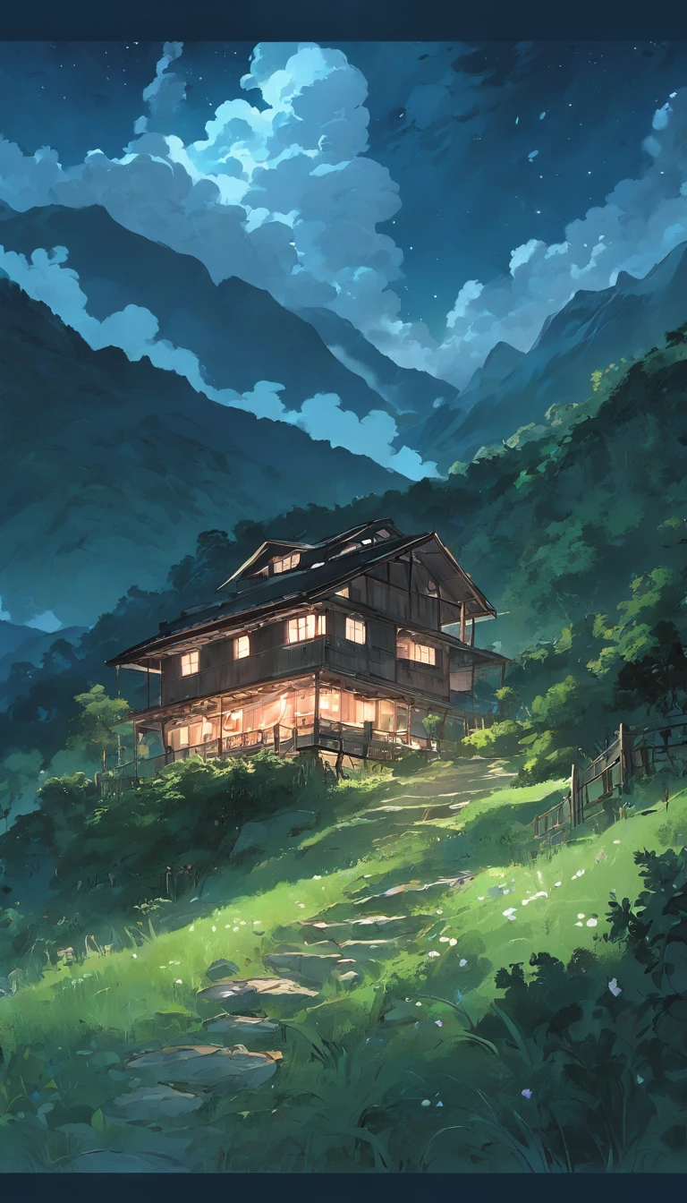 "obra-prima ultra HD com detalhes impressionantes: a house in the mountains surrounded by lush greenery at night, with magnificent clouds."