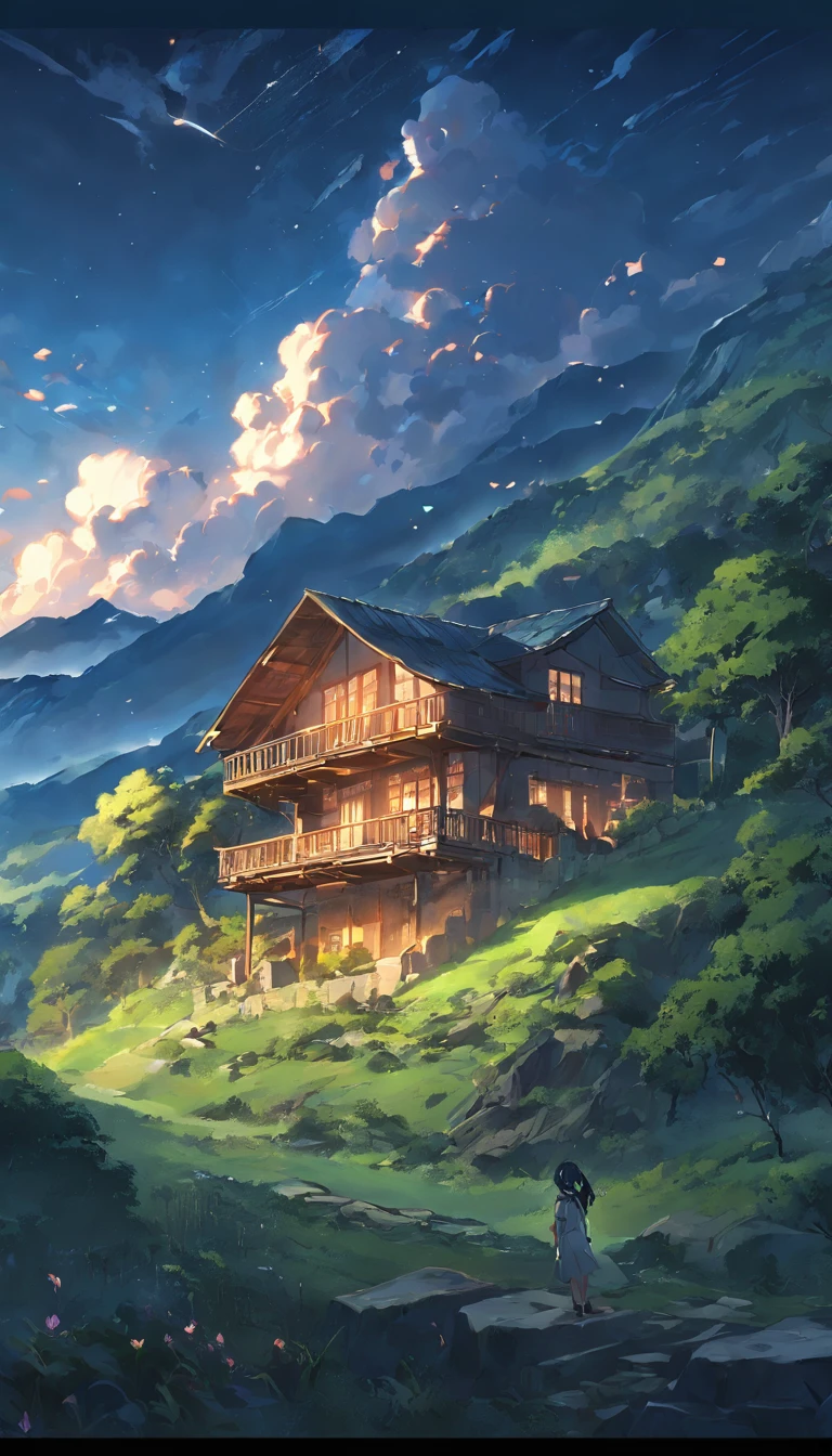 "obra-prima ultra HD com detalhes impressionantes: a house in the mountains surrounded by lush greenery at night, with magnificent clouds."