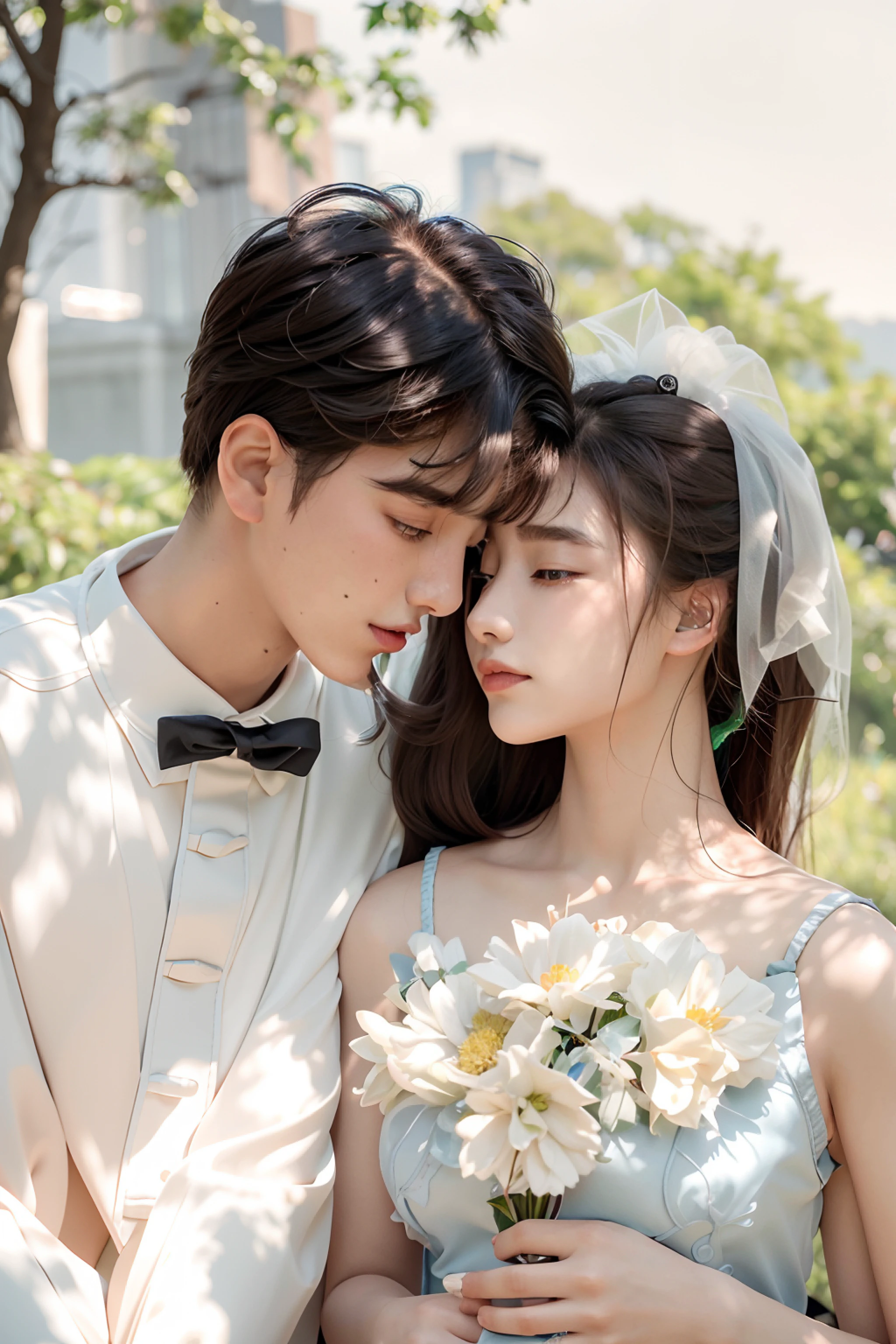 The bride and groom stood close together on the grass,Background is grassland, Cai Xukun, Ruan Jia and Fenghua Zhong, wedding photo, cute couple, jia, Yan, yanjun cheng, shaxi, ruan jia and brom, Lu Ji, shot with canon eoa 6 d mark ii, xue han, Chen Zezhou, Taoist
