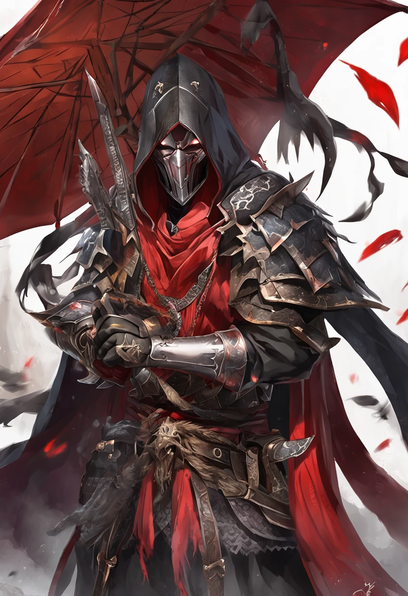 (ultra-detailed CG unit 8k wallpaper, Master parts, Best quality, depth of fields, hdr, 复杂), Tall, The sinister Dark Assassin wears a metal mask,Bright red eyes,Light and dark armor,Behind him he wears a low-key red cloak,Holding a sharp dagger in his arms,Step into the burning village, (复杂: 1.4) (Master parts: 1.4) (illustration: 1.4), Red studio lighting, Post-processing, 8K resolution, deep dark background, imponent, Well-composed photos, Impressive, dark fantacy (director: greg rutkovsky: 1.2), (darken: 1.5)