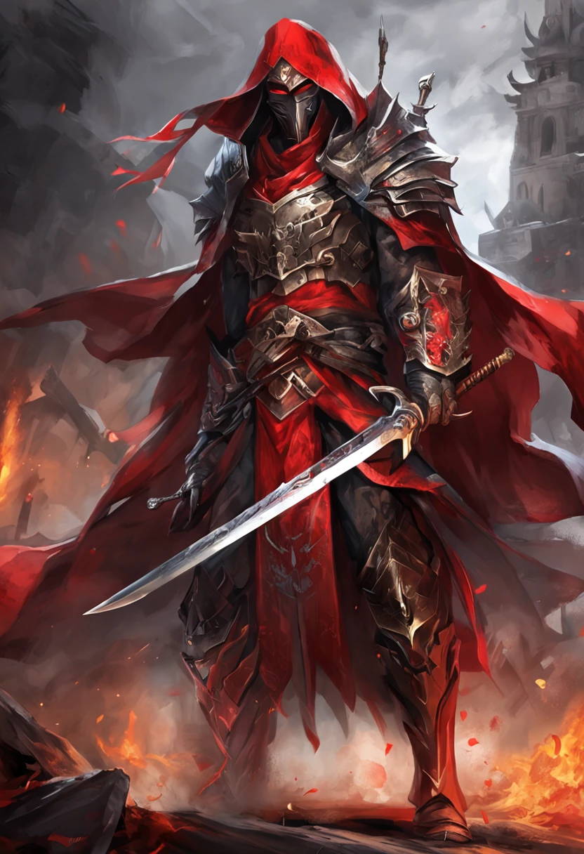(ultra-detailed CG unit 8k wallpaper, Master parts, Best quality, depth of fields, hdr, 复杂), Tall, The sinister Dark Assassin wears a metal mask,Bright red eyes,Light and dark armor,Behind him he wears a low-key red cloak,Holding a sharp dagger in his arms,Step into the burning village, (复杂: 1.4) (Master parts: 1.4) (illustration: 1.4), Red studio lighting, Post-processing, 8K resolution, deep dark background, imponent, Well-composed photos, Impressive, dark fantacy (director: greg rutkovsky: 1.2), (darken: 1.5)