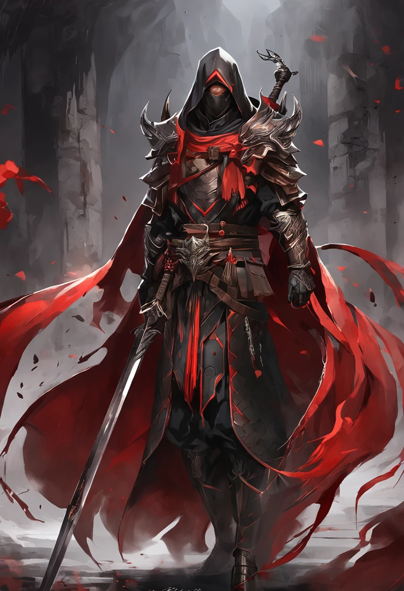 (ultra-detailed CG unit 8k wallpaper, Master parts, Best quality, depth of fields, hdr, 复杂), Tall, The sinister Dark Assassin wears a metal mask,Bright red eyes,Light and dark armor,Behind him he wears a low-key red cloak,Holding a sharp dagger in his arms,Step into the burning village, (复杂: 1.4) (Master parts: 1.4) (illustration: 1.4), Red studio lighting, Post-processing, 8K resolution, deep dark background, imponent, Well-composed photos, Impressive, dark fantacy (director: greg rutkovsky: 1.2), (darken: 1.5)
