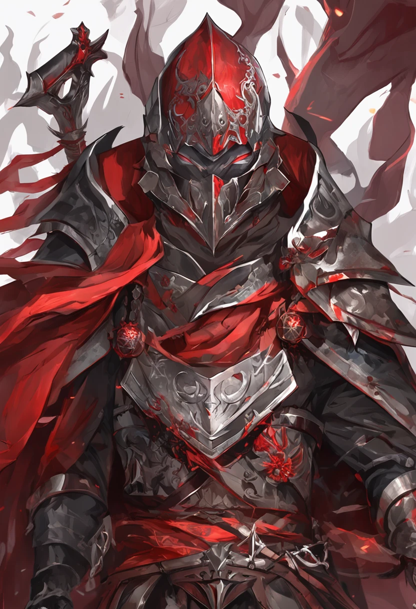 (ultra-detailed CG unit 8k wallpaper, Master parts, Best quality, depth of fields, hdr, 复杂), Tall, The sinister Dark Assassin wears a metal mask，Bright red eyes，Light and dark armor，Behind him he wears a low-key red cloak，Holding a sharp dagger in his arms，Step into the burning village, (复杂: 1.4) (Master parts: 1.4) (illustration: 1.4), Red studio lighting, Post-processing, 8K resolution, deep dark background, imponent, Well-composed photos, Impressive, dark fantacy (director: greg rutkovsky: 1.2), (darken: 1.5)