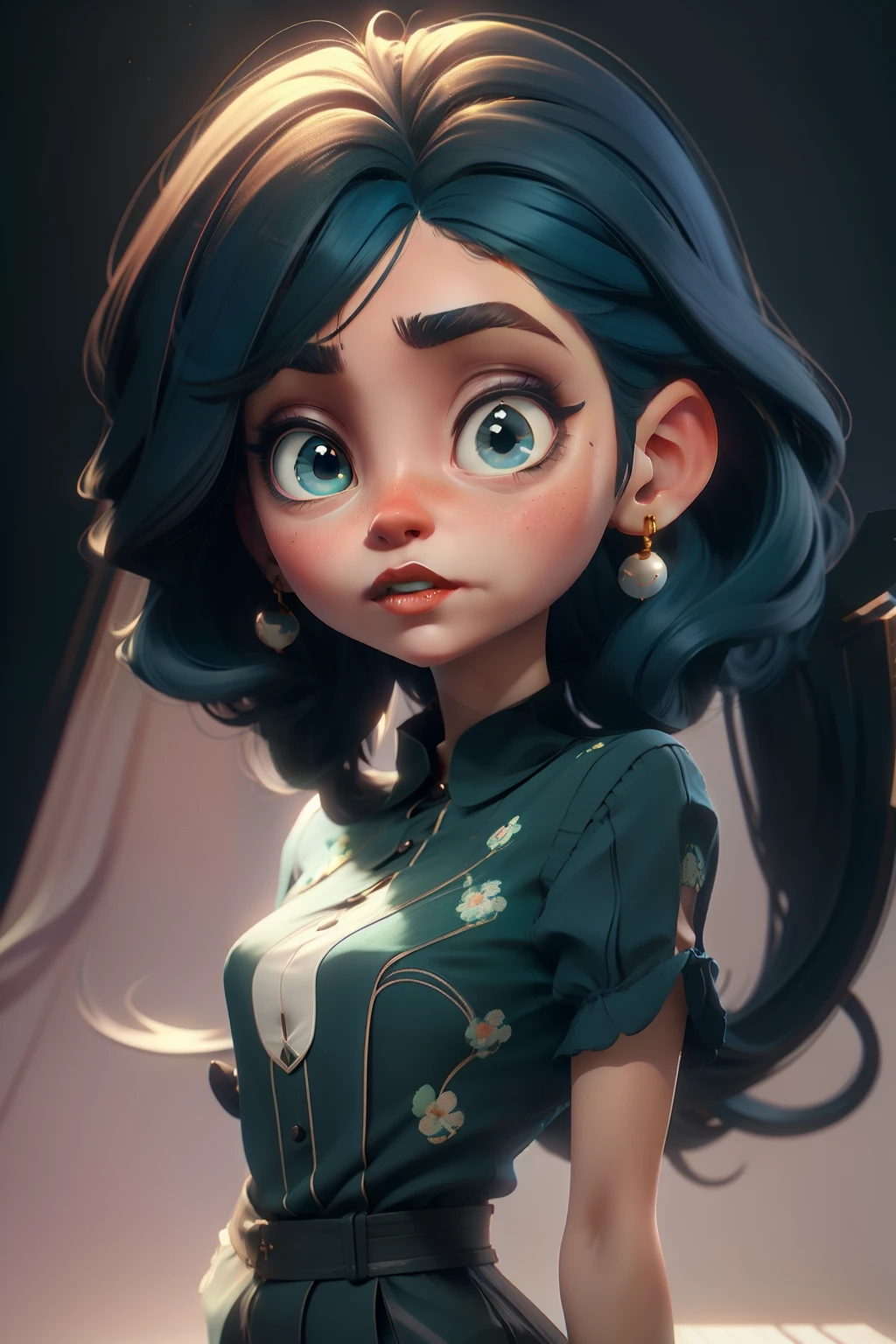 Letter. full-body, 3D Face Pattern, Sweet and delicate girl, With long dyed hair,chocolate,Short blue hair,Black T-Shirt,green eyes,Metal round earrings,muted colors,red lipstick,White background,big eyes