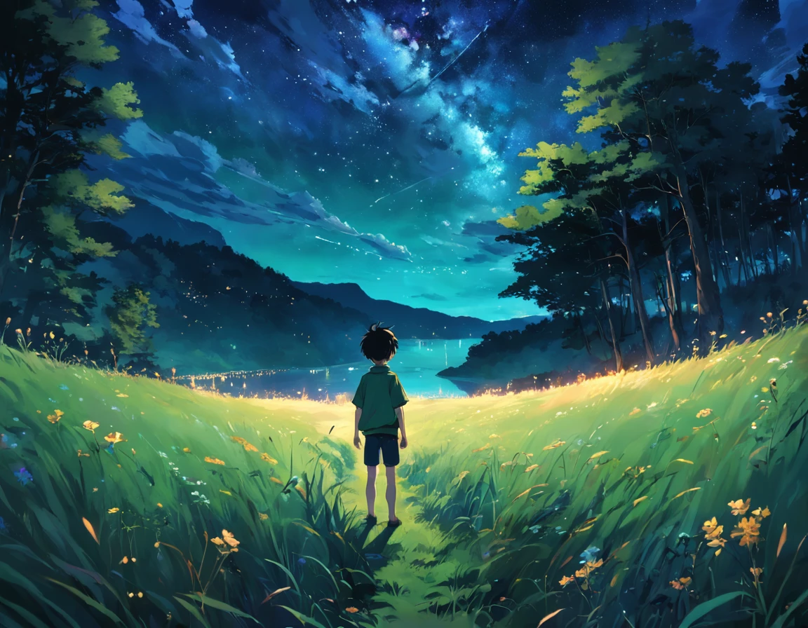 Forest, Starry Sky, Night, River, Meadow, Boy, Summer, Green, Freedom