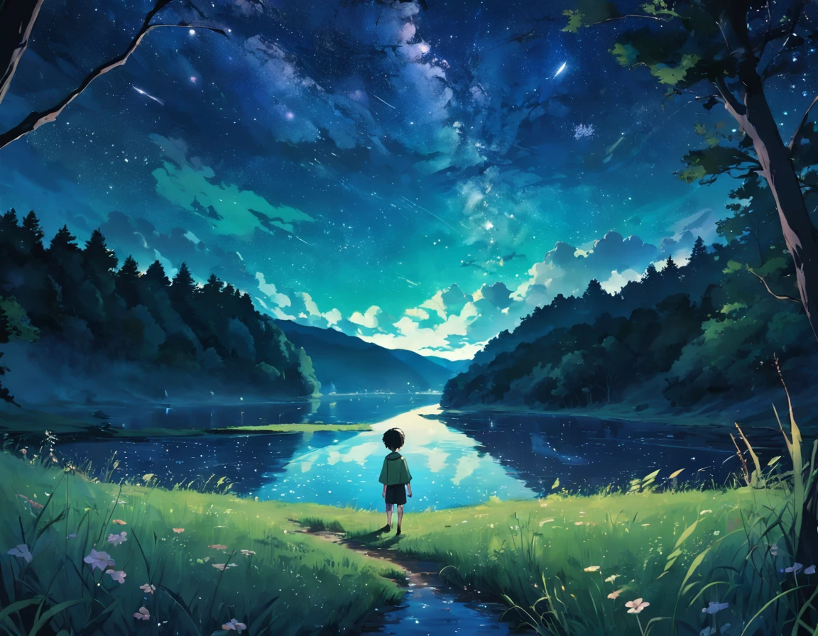 Forest, Starry Sky, Night, River, Meadow, Boy, Summer, Green, Freedom