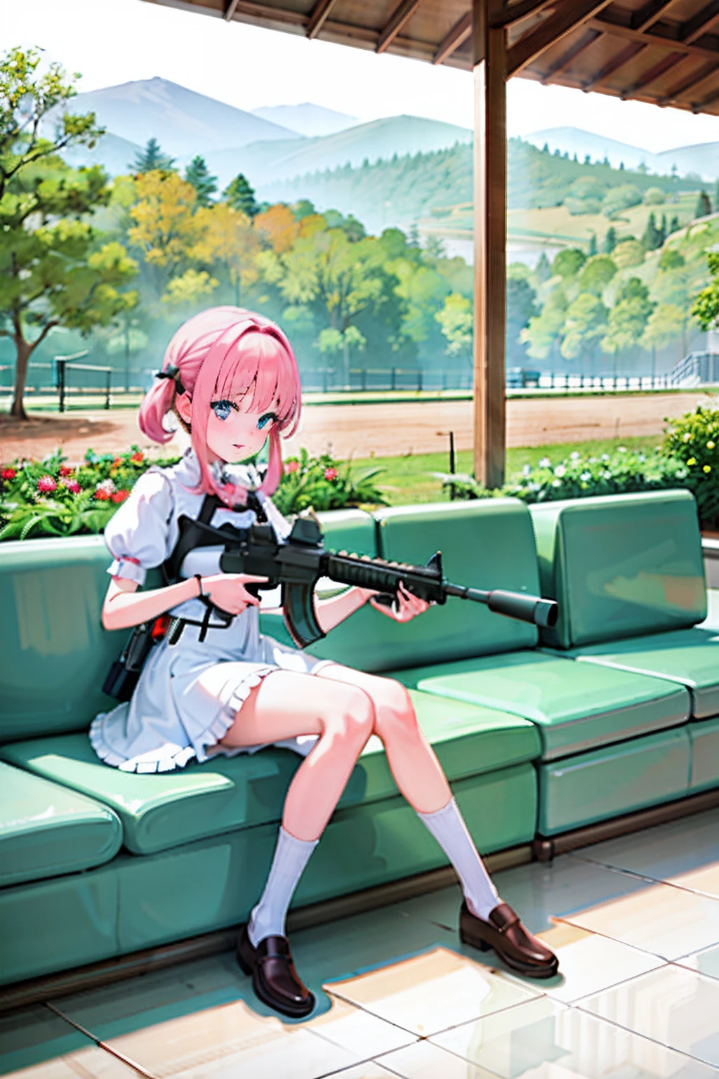 (masterpiece:1.2), best quality, highres, original, (extremely detailed:1.2), ultra-detailed, wallpaper, perfect lighting,(extremely detailed CG:1.2), 8k,illustration,1girl, solo, [white:pink:17] hair, detailed blue eyes, ({delicate|short-sleeved}dress:1.19), {{large skirt}}, ({detailed|delicate}uzi machinegun:1.2), holding gun, aiming, (aiming at viewer), sitting on the stone stool, panchira, park, day