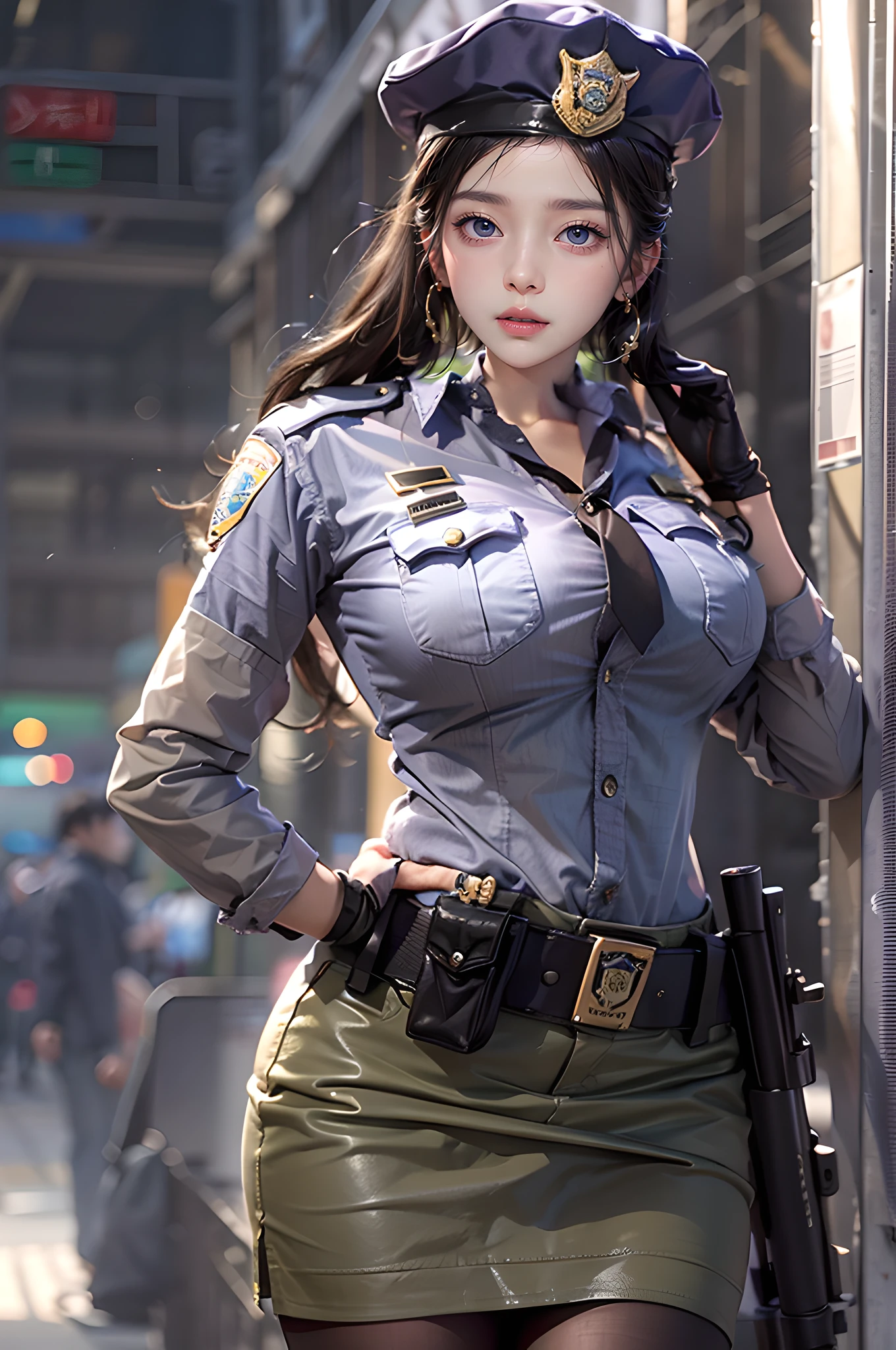 Drooping eyes, realistic skin, Female Police officer, uniform, braid, skirt, wearing panties with emphasis on high-quality rendering realistic details and textures, masturbation with straddling the bollard,