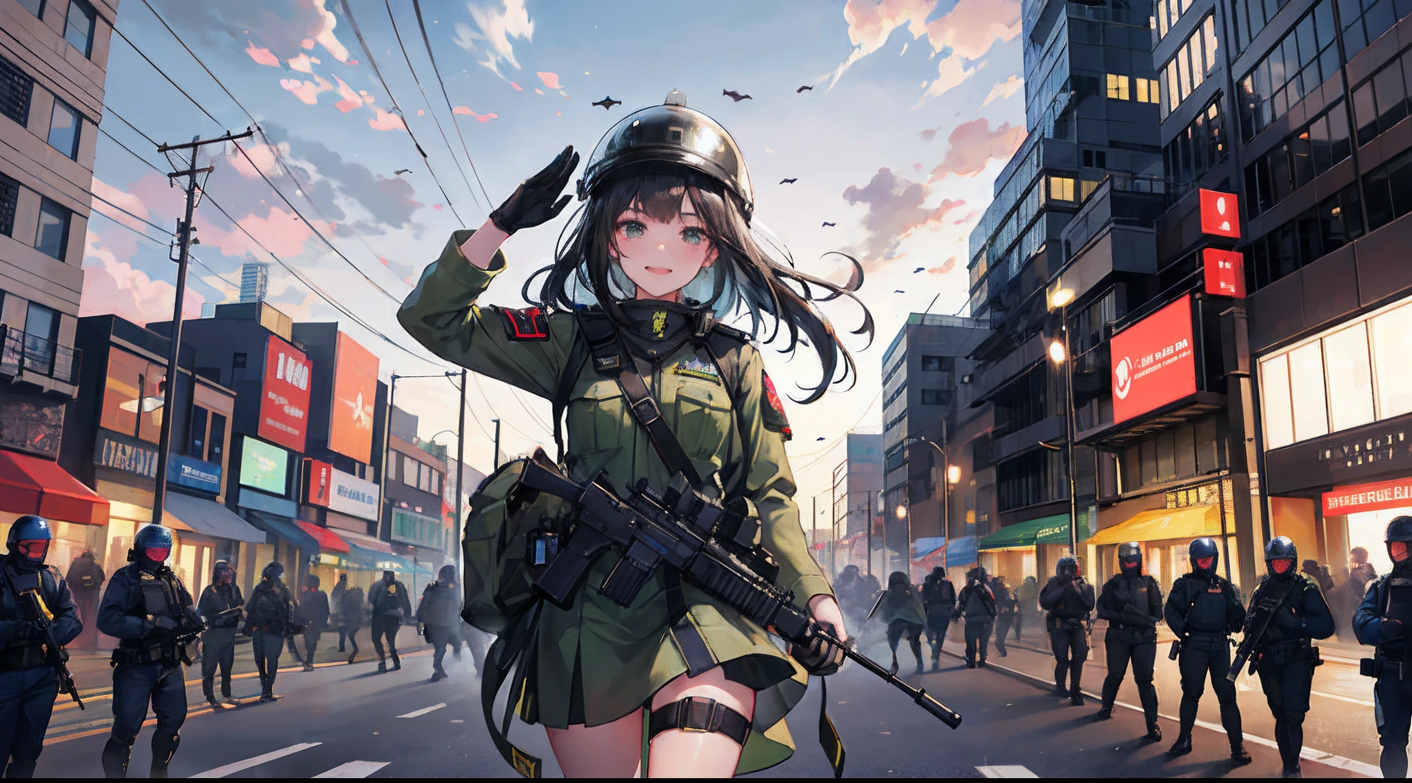 A girl in green military uniform，Rifle in hand，grinning smile，Shy，Warm street lights，down town，Superskirt，Saluting，Wear a steel helmet，The steel helmet has a solid red five-pointed star，Long legs are exposed，Shooting stars dart across the sky，Behind the riot police confronted the marching crowd，SWAT officers all wear face coverings，The girls' hair is all black，The Milky Way is in the sky，The rifle was flattened in front of the girl