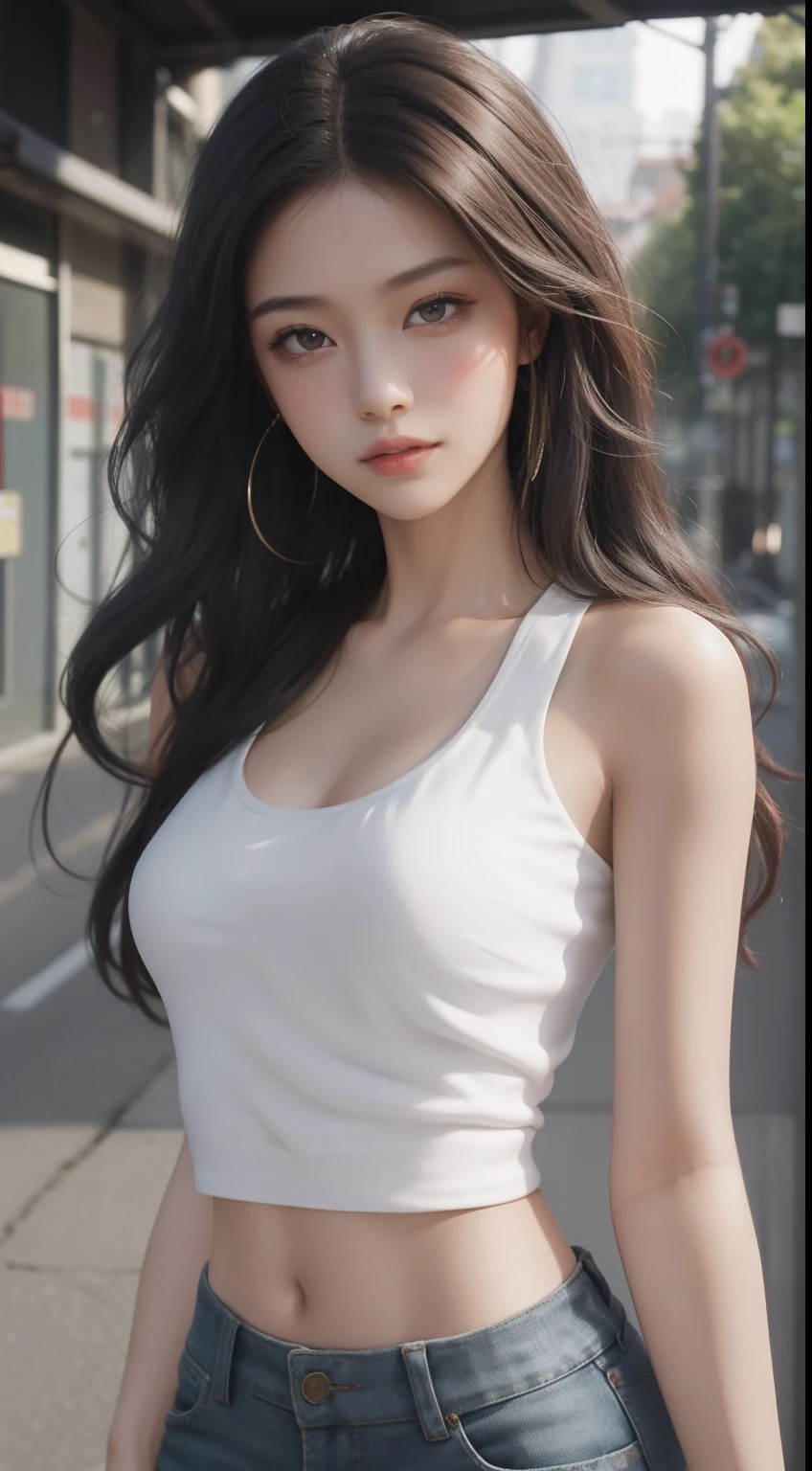 Best quality, masterpiece, super high resolution, (realistic: 1.4), original photo, (evening street), 1 girl, black eyes, looking at the audience, long hair, light makeup, lips, small ears, white t-shirt, denim shorts, earrings, sitting Ferrari, big breasts, slim