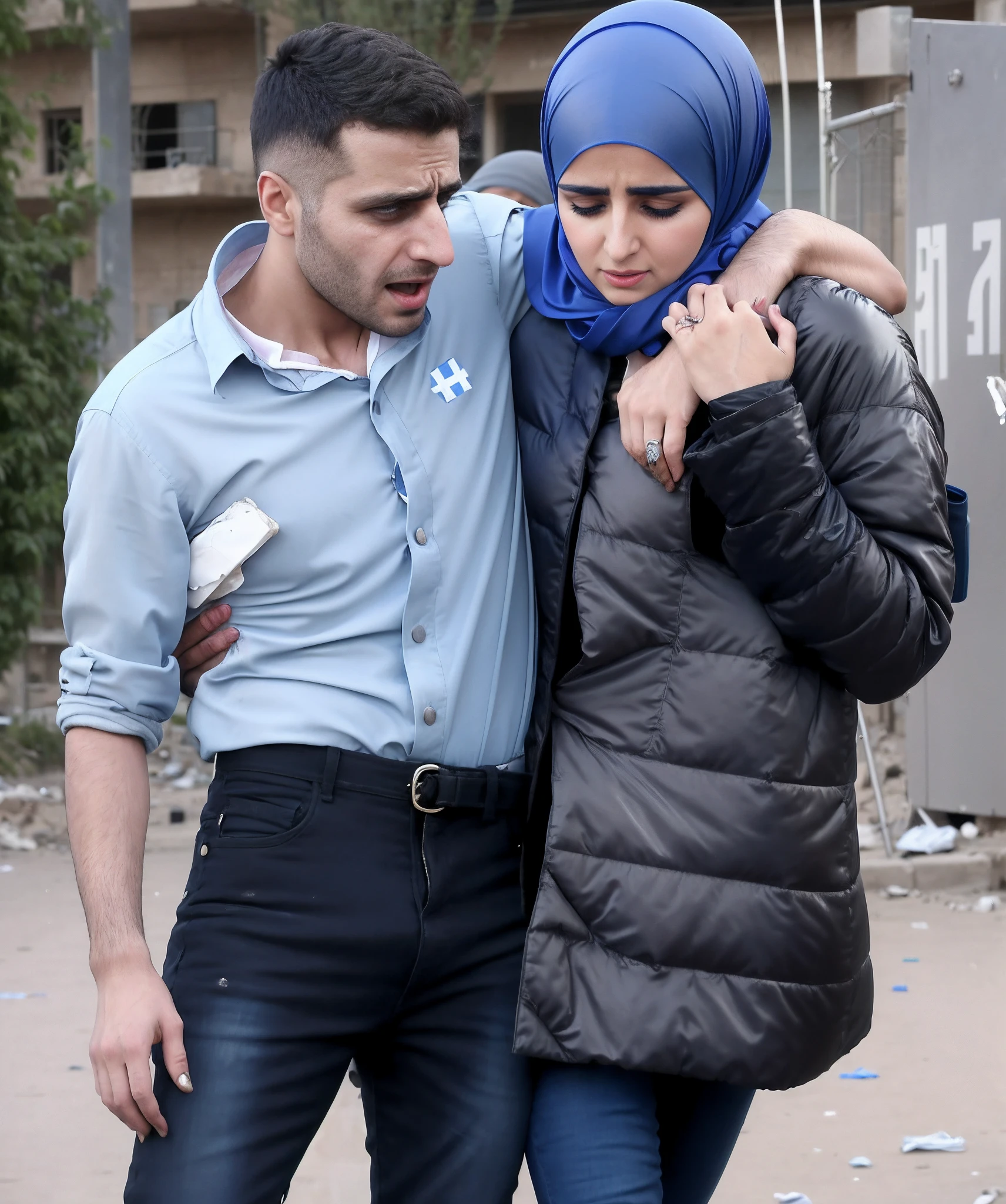 attractive male-model is carried by muslim woman in black coat, drama, photo, first aid, pity, a very attractive and beautiful young and blond german man in a blue cotton shirt and matte jeans and a syrian woman in a shiny deep-black plastic quilted coat and a brilliant blue satin headscarf stand arm-in-arm in front of a refugee hostel, the syrian woman holds the man's arm over her shoulder with one hand and her other hand can be seen under the man's other arm, the man has a suffering and pain-distorted face and the woman has a horrified and very shocked facial expression, a german man in a cotton shirt and jeans is injured and is being supported by a syrian woman, a syrian woman is wearing a high-gloss plastic down coat and is supporting an injured short-haired man who cannot walk alone, a syrian woman with a headscarf holds an injured short-haired man in her arm, pity, accident, injury, first aid, drama, ultra realistic, photo