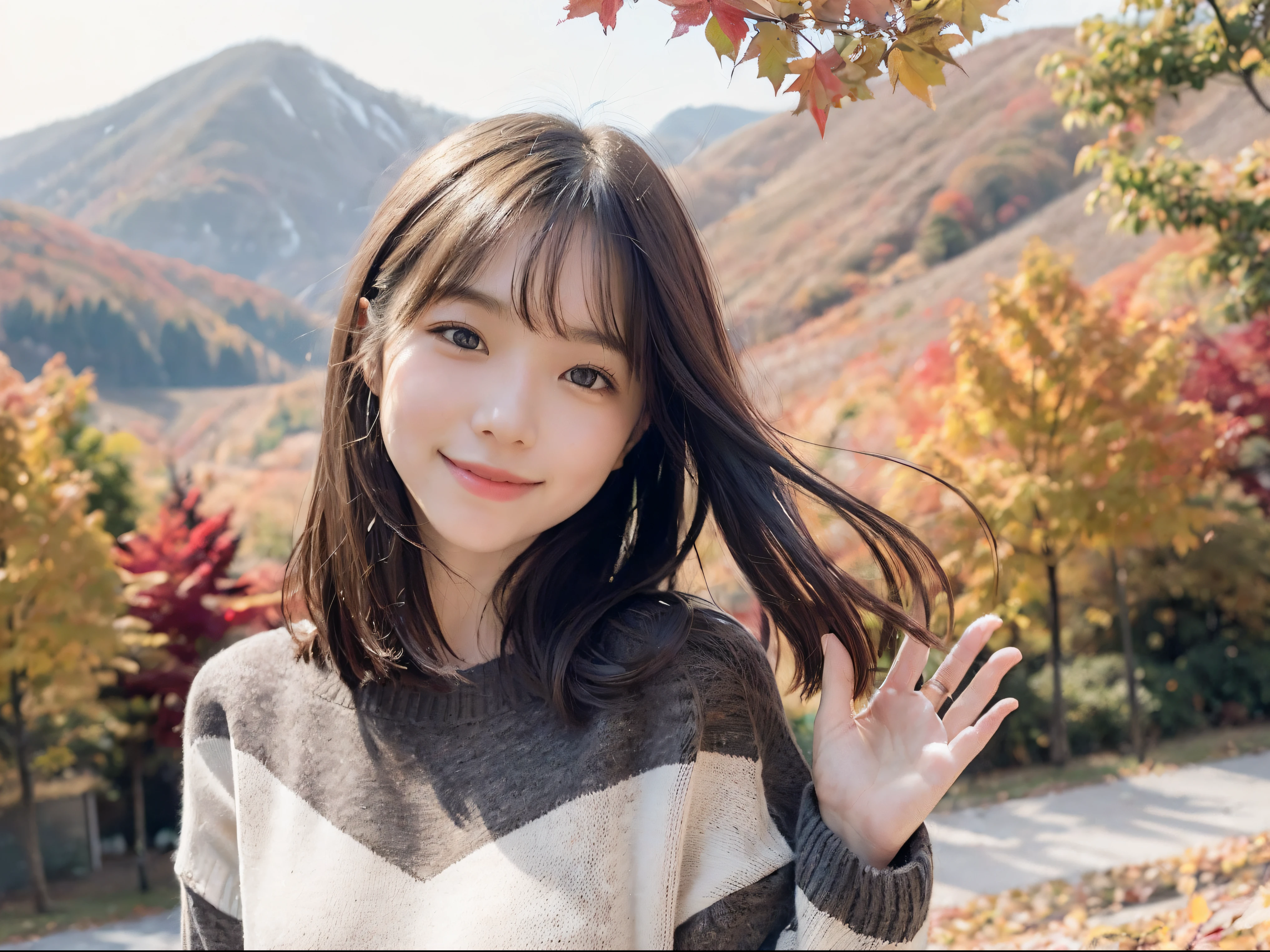 (Close up portrait of one girl with slender small breasts in colorful autumn shirt and sweater:1.5)、(Smiling girl with hair fluttering in the wind stands on the edge of the screen:1.3)、(Mountain background with wonderfully beautiful autumn leaves :1.3)、(Perfect Anatomy:1.3)、(complete hands:1.3)、(complete fingers:1.3)、Photorealsitic、Raw photography、masutepiece、top-quality、hight resolution、delicate and pretty、face perfect、Beautiful detailed eyes、Fair skin、Real Human Skin、pores、((thin legs))、(Dark hair)