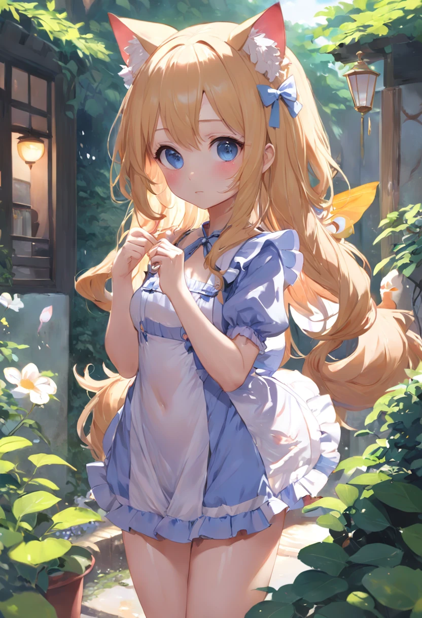 No arm frills required,Stand in the garden,Anime cat-eared girl wearing one piece, Lori in dress having breakfast, small curvy loli, artwork in the style of guweiz, guweiz on pixiv artstation, guweiz on artstation pixiv, guweiz, small li girl, soft anime illustration, Anime visuals of cute girls, Detailed Digital Anime Art