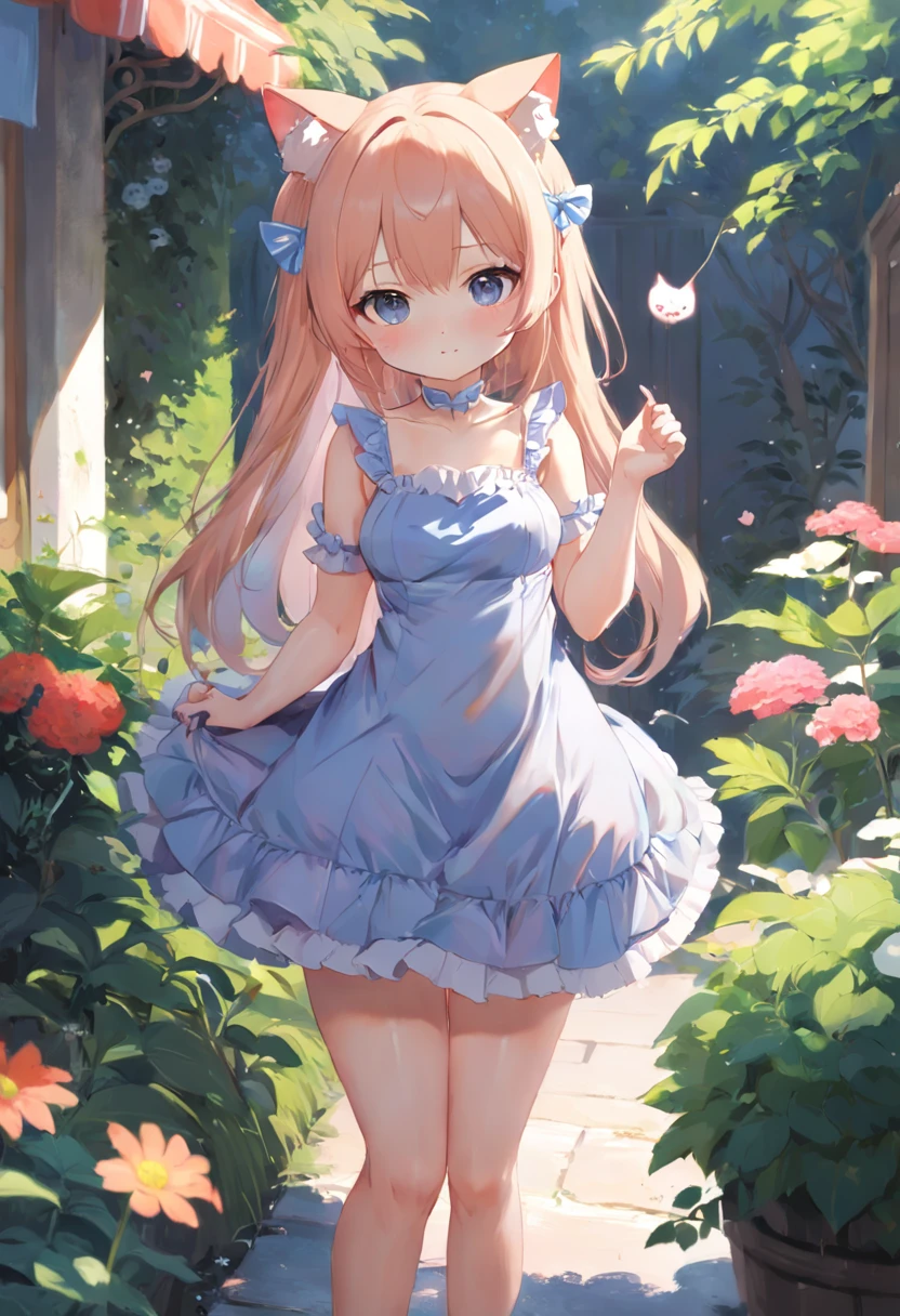 No arm frills required，Stand in the garden，Anime cat-eared girl wearing one piece, Lori in dress having breakfast, small curvy loli, artwork in the style of guweiz, guweiz on pixiv artstation, guweiz on artstation pixiv, guweiz, small li girl, soft anime illustration, Anime visuals of cute girls, Detailed Digital Anime Art