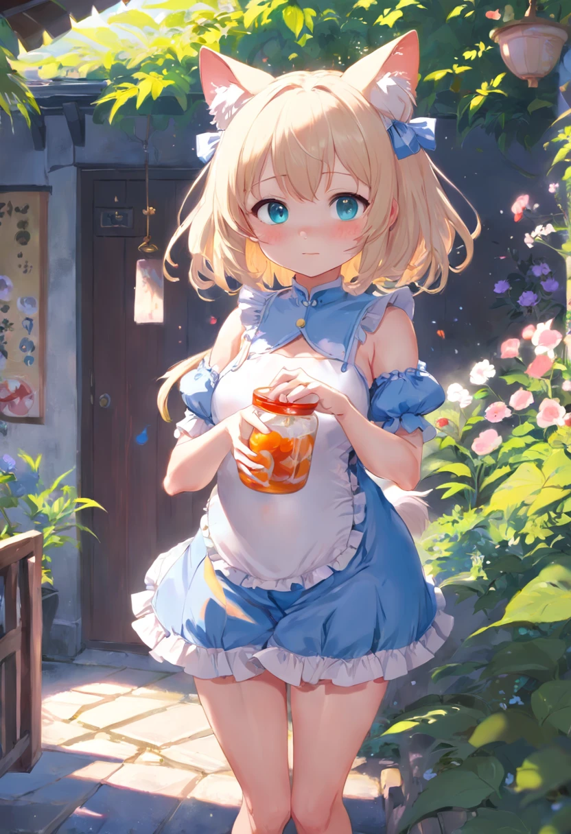 No arm frills required，Stand in the garden，Anime cat-eared girl wearing one piece, Lori in dress having breakfast, small curvy loli, artwork in the style of guweiz, guweiz on pixiv artstation, guweiz on artstation pixiv, guweiz, small li girl, soft anime illustration, Anime visuals of cute girls, Detailed Digital Anime Art