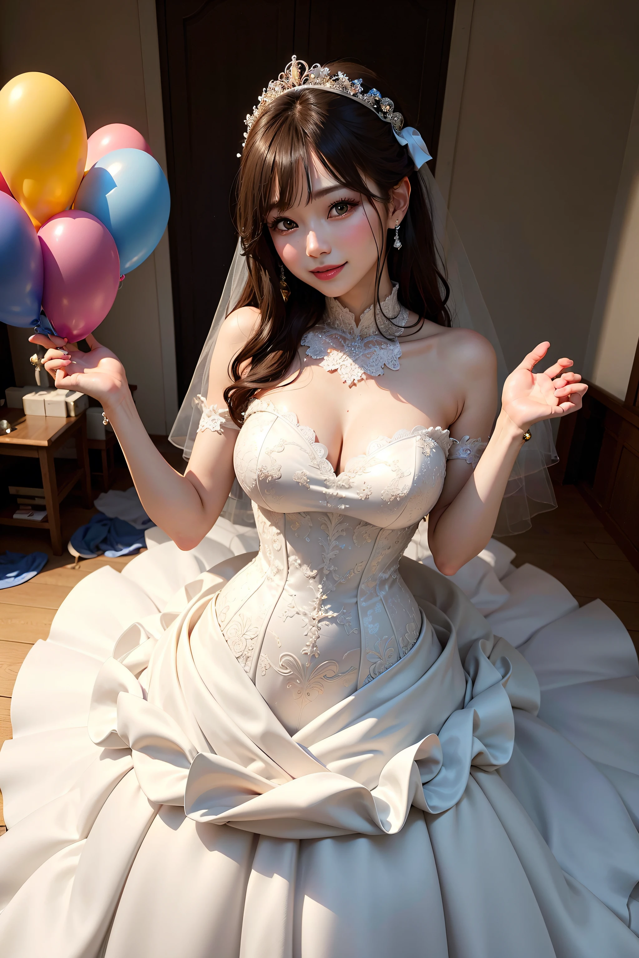 NSFW、bride、(pretty luxurious wedding dress、(Luxurious Long Wedding Veil:1.2)、Full body tights、The belly button is visible、Crouching open leg shot、Open your legs to the limit、panties focus、Do not hide the lower body、(8K、top-quality、​masterpiece:1.3)、Brown Medium Layer Cut Hair、Puritanism、unclear、Idol face、The best smile、Very wet body、Professional Writing、Gravure photography、Photography Studio、white backgrounid、(Balloons are flying:1.4)、