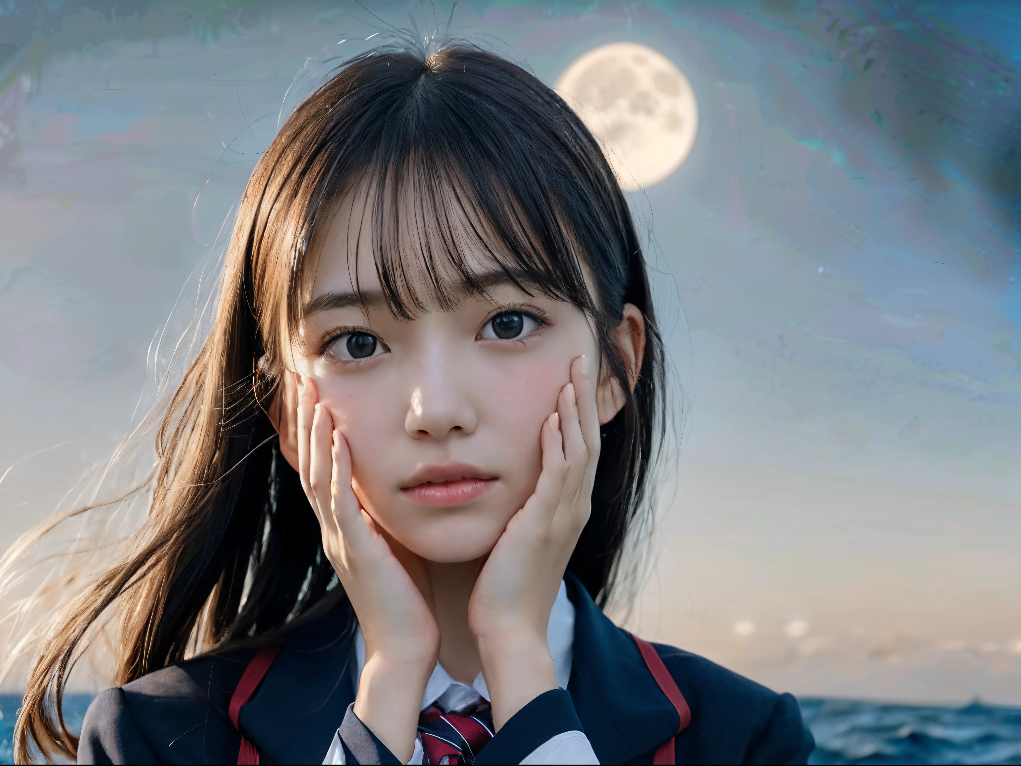 (Close up portrait of one girl with slender small breasts in school uniform:1.5)、(Girl with hair swaying in the wind looking up at the big full moon 1.3)、(Large full moon reflected in the sea at night :1.3)、(Perfect Anatomy:1.3)、(complete hands:1.3)、(complete fingers:1.3)、Photorealsitic、Raw photography、masutepiece、top-quality、hight resolution、delicate and pretty、face perfect、Beautiful detailed eyes、Fair skin、Real Human Skin、pores、((thin legs))、(Dark hair)