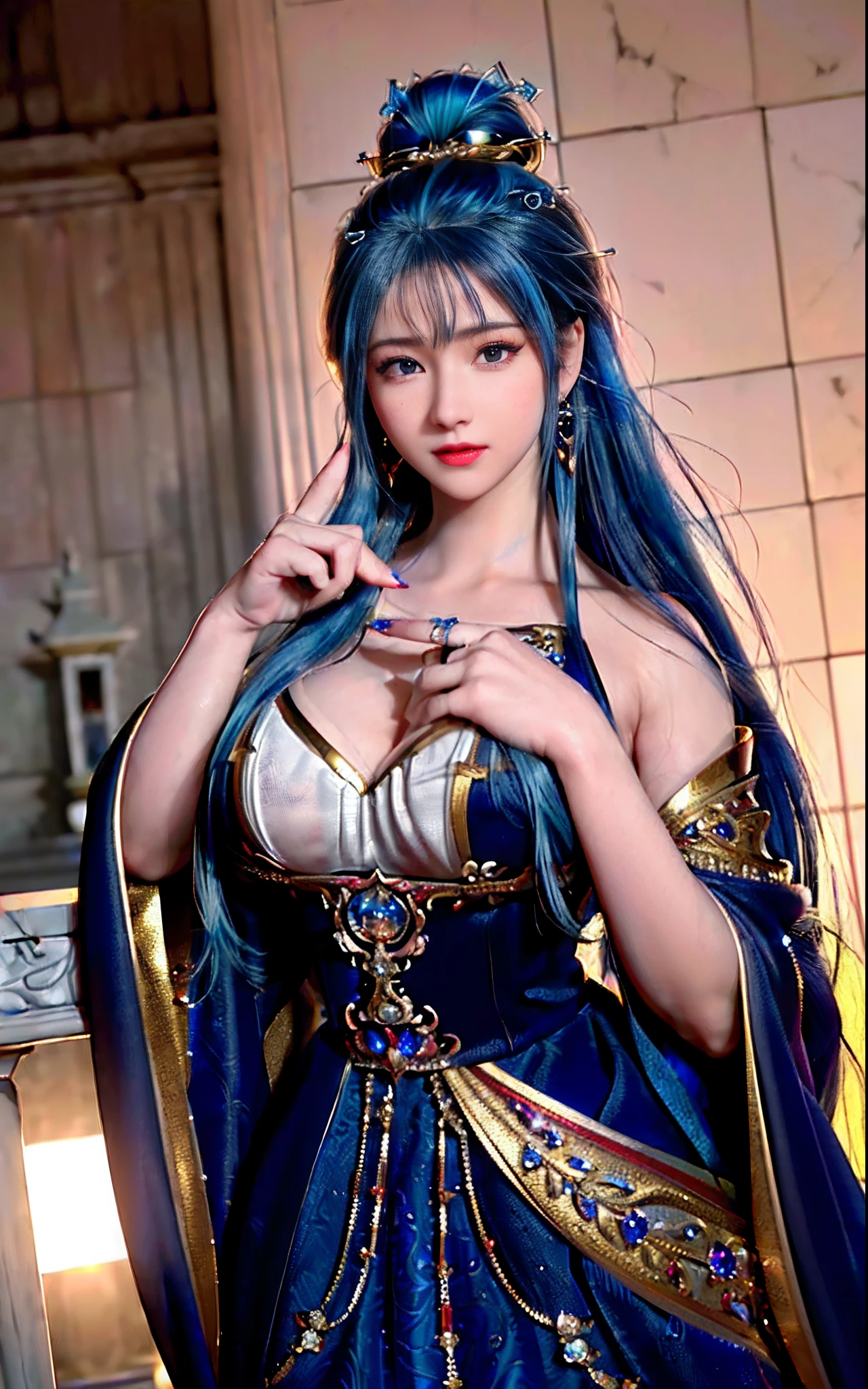 ((realisticity: 1.2)), ((realistic: 8K UHD)), ((best resolution: 8K UHD)), hyper detailed, best quality,masterpiece,highres,cg, ((1 girl hyper detailed and hyper realistic) ) , ((beautiful queen, hyper realistic and hyper detailed)),((white skin, beautiful, smooth, youthful, hyper realistic and hyper detailed )), ((Face hyper beautiful, white, hyper realistic and hyper detailed ) ), long hair, ((hyper realistic and hyper detailed dress)), solo, ((hyper realistic, hyper beautiful, beautiful and hyper detailed jewelry)), ((hyper beautiful deep red and golden yellow dress, hyper realistic and hyper detailed )) , ((Her pretty, hyper realistic, hyper detailed diamond filled earrings)), ((Her gorgeous diamond haircut, hyper realistic and hyper detailed)), ((hyper pretty upper body, hyper beautiful, hyper realistic and hyper detailed) ), ((medium breast: 1.1)), ((hyper realistic, hyper pretty, hyper detailed boobs)), ((the backgroun of the royal palace is hyper majestic, hyper realistic and hyper detailed)),((hands and palms hyper beautiful, hyper detailed, hyper realistic)), ((hyper detailed and hyper realistic fingers and fingernails)), ((hyper pretty fingernails, hyper vivid, hyper detailed, hyper realistic)), ((thumb, index finger, middle finger, ring finger, little finger hyper vivid, hyper pretty, hyper detailed, hyper realistic)), ((hyper beautiful fingers, hyper detailed, and hyper realistic)), ((posture not too fat and not too thin, hyper realistic, hyper detail)), ((hyper pretty, hyper pretty, hyper realistic and hyper detailed hair bun)), ((hyper pretty , hyper realistic and hyper detailed blue hair)), candid, Photo, high resolution, 8k , bokeh,