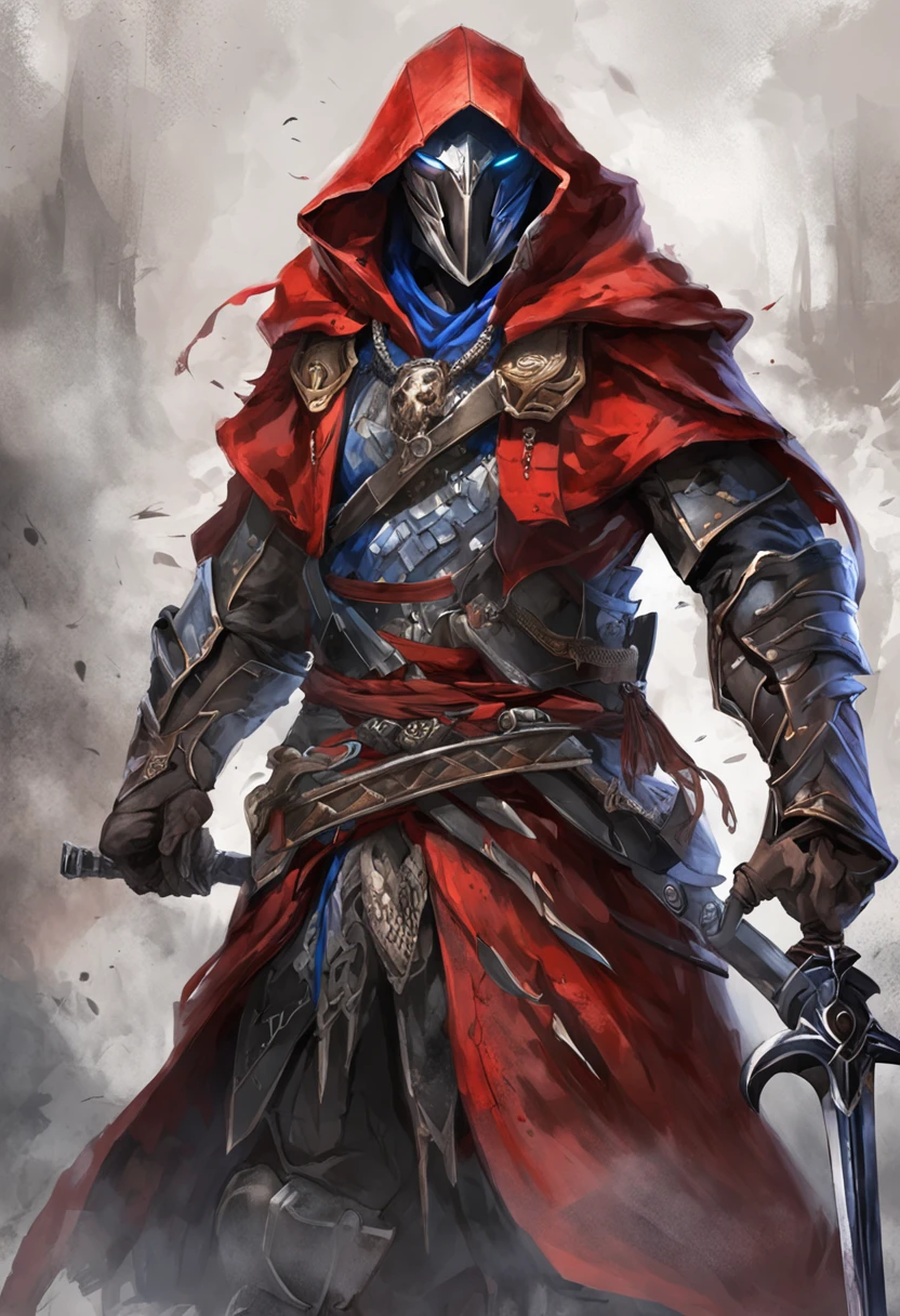 (ultra-detailed CG unit 8k wallpaper, Master parts, Best quality, depth of fields, hdr, 复杂), Tall, The sinister Dark Assassin wears a metal mask，Bright blue eyes，Light and dark armor，Behind him he wears a low-key red cloak，Holding a sharp dagger in his arms，Step into the burning village, (复杂: 1.4) (Master parts: 1.4) (illustration: 1.4), Red studio lighting, Post-processing, 8K resolution, deep dark background, imponent, Well-composed photos, Impressive, dark fantacy (director: greg rutkovsky: 1.2), (darken: 1.5)