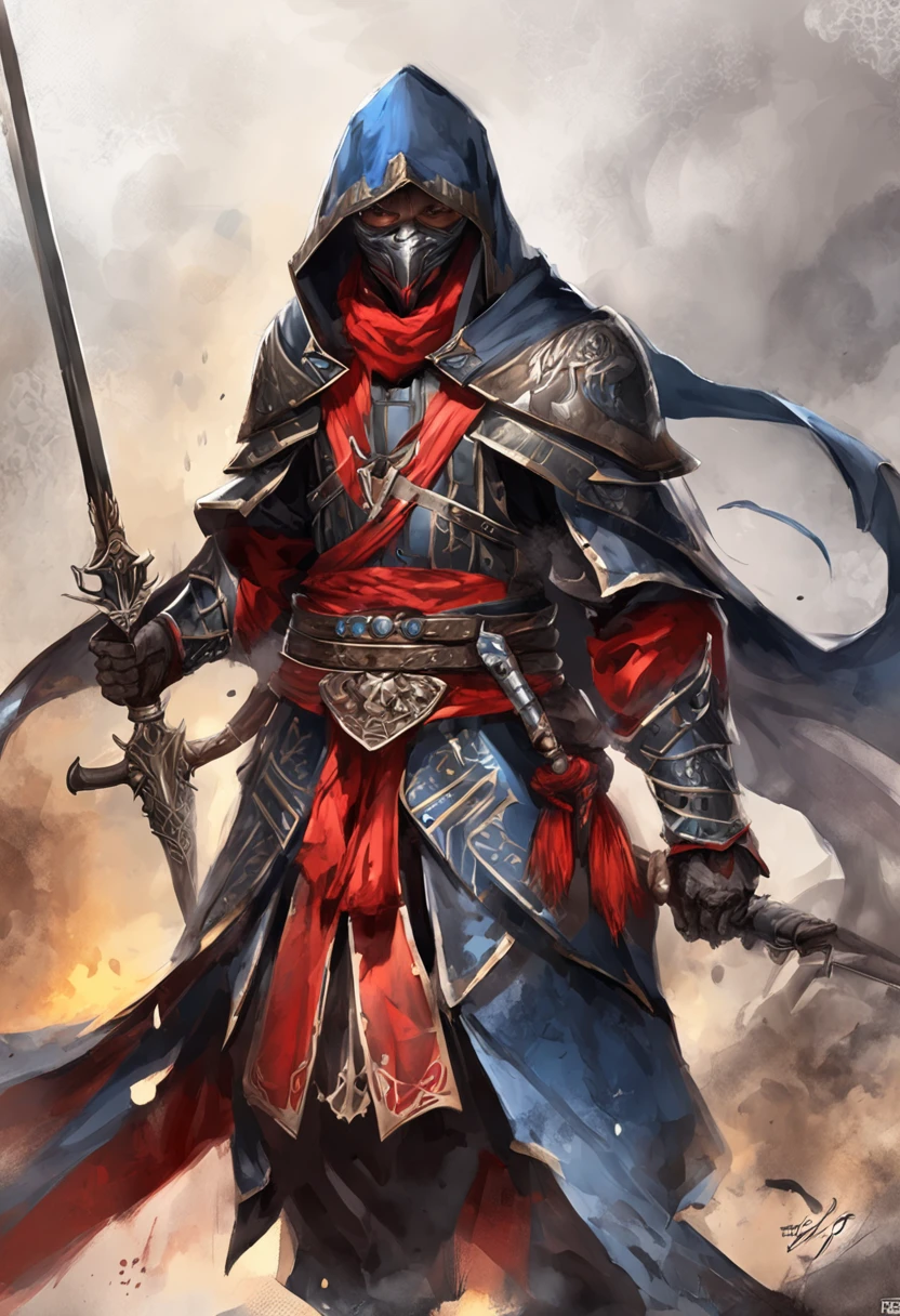 (ultra-detailed CG unit 8k wallpaper, Master parts, Best quality, depth of fields, hdr, 复杂), Tall, The sinister Dark Assassin wears a metal mask,Bright blue eyes,Light and dark armor,Behind him he wears a low-key red cloak,Holding a sharp dagger in his arms,Step into the burning village, (复杂: 1.4) (Master parts: 1.4) (illustration: 1.4), Red studio lighting, Post-processing, 8K resolution, deep dark background, imponent, Well-composed photos, Impressive, dark fantacy (director: greg rutkovsky: 1.2), (darken: 1.5)
