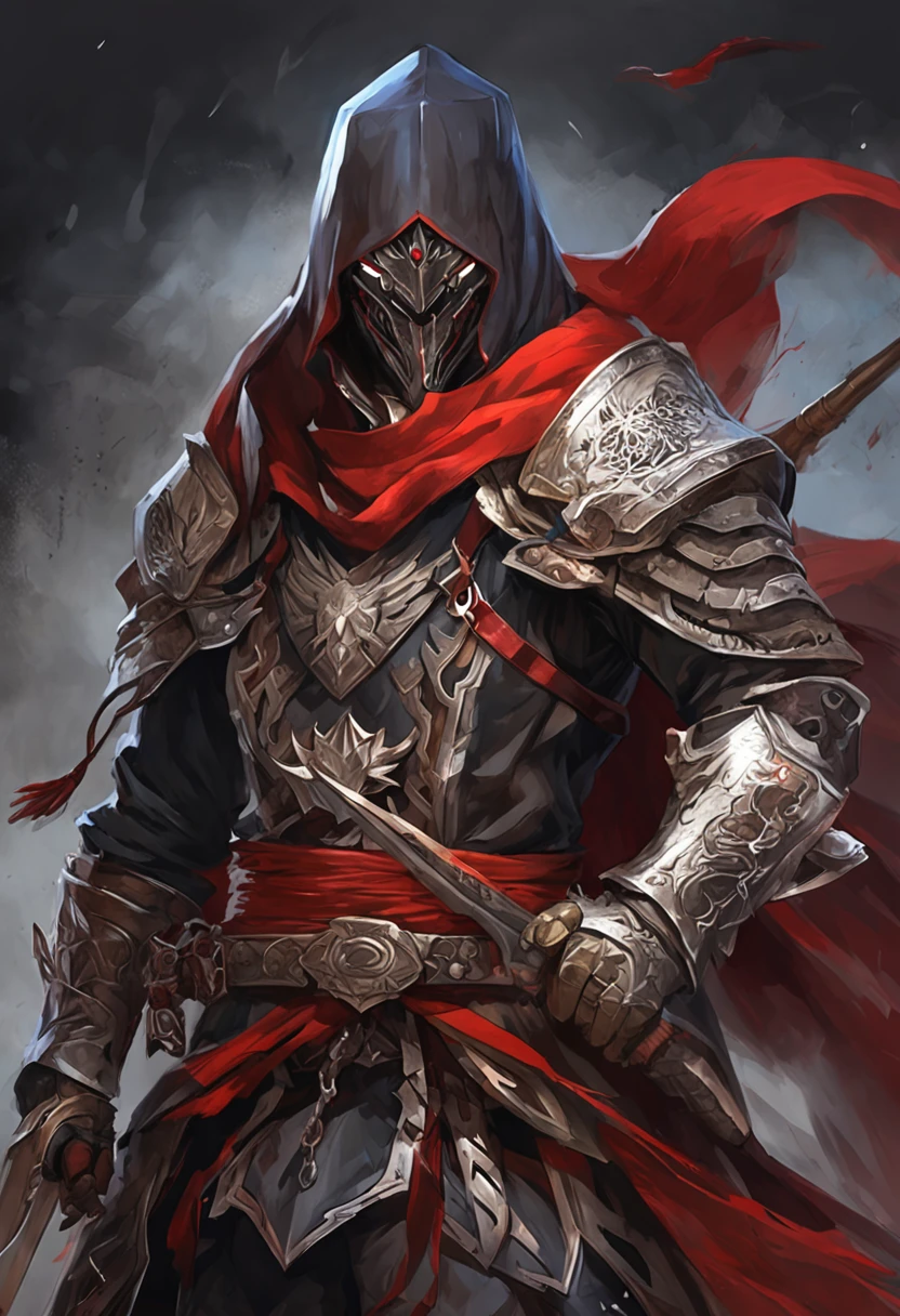 (ultra-detailed CG unit 8k wallpaper, Master parts, Best quality, depth of fields, hdr, 复杂), Tall, The sinister Dark Assassin wears a metal mask，Bright blue eyes，Light and dark armor，Behind him he wears a low-key red cloak，Holding a sharp dagger in his arms，Step into the burning village, (复杂: 1.4) (Master parts: 1.4) (illustration: 1.4), Red studio lighting, Post-processing, 8K resolution, deep dark background, imponent, Well-composed photos, Impressive, dark fantacy (director: greg rutkovsky: 1.2), (darken: 1.5)