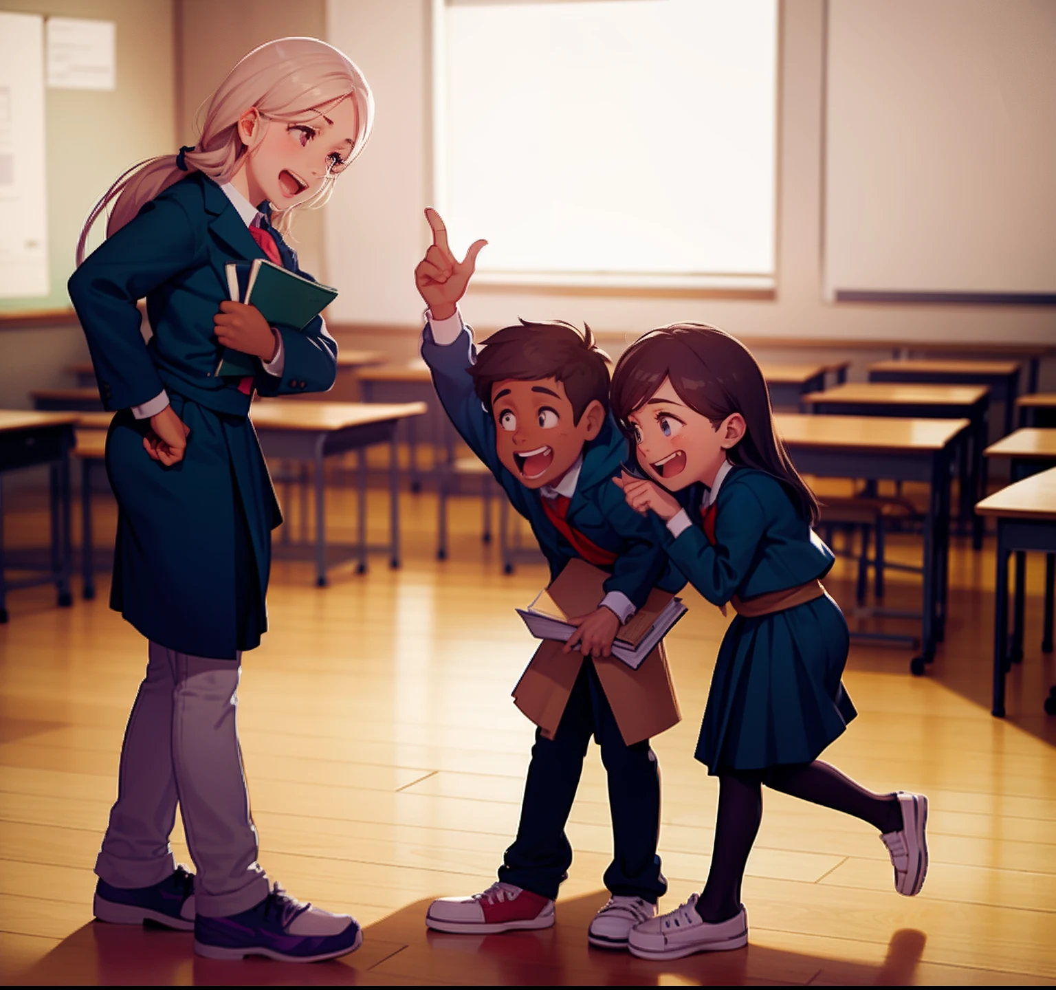 Teacher talking to her students who are a girl and a boy, dentro el aula de clase