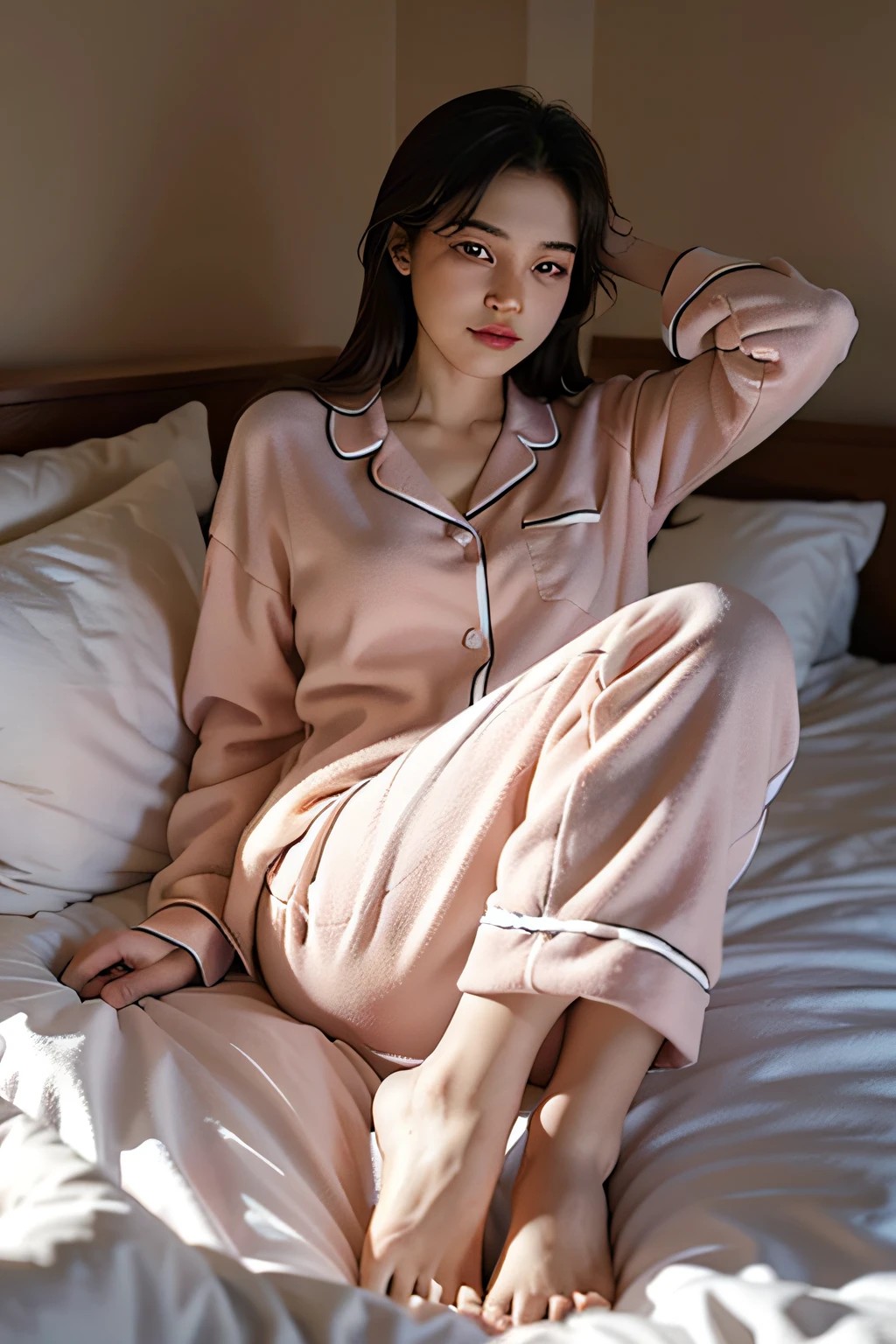 1girl,Lie down in bed,Feet up,in pajamas,A sense of life