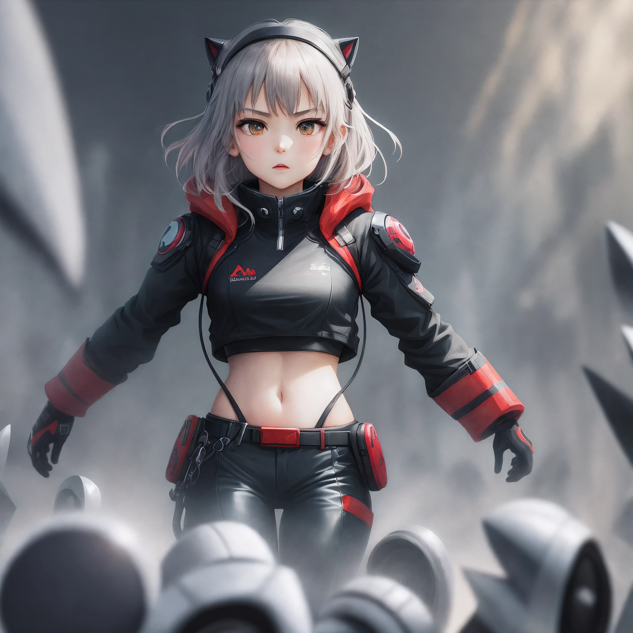 hiquality、Girl in swimsuit runs、explosions、loimu、story、big explosion、Cyber Headphones、Silvery hair、poneyTail、Red Eyes、Super explosion、Holding a knife、Wear a mask around your mouth