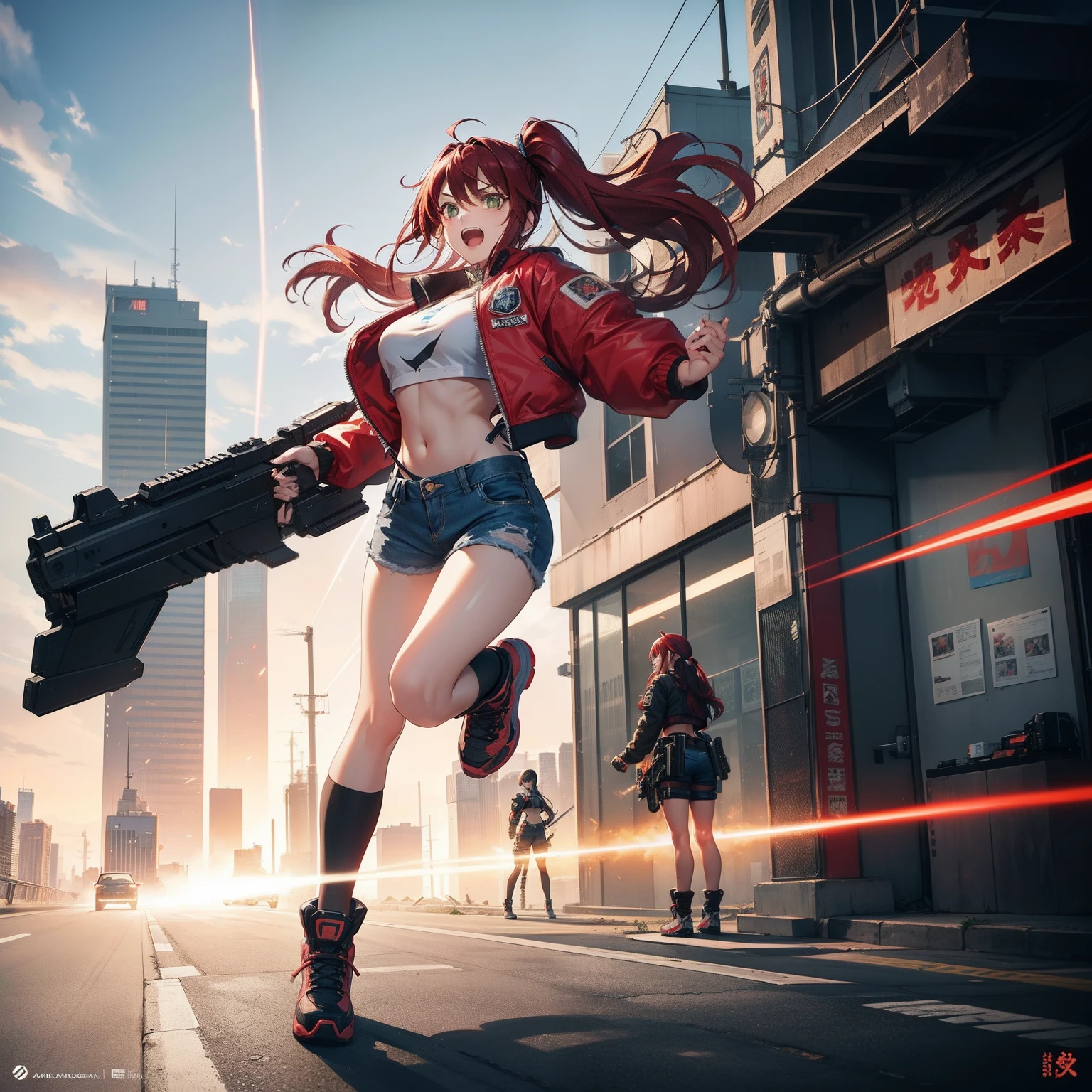 Full body shot, female asian Irina Shidou red hair twintails green eyes, in a cyberpunk city, wearing a bomber jacket and crop top and denim shorts, standing next to a Nissan GT-R, holding a big machine gun, holding a long laser rifle, shooting laser rifle, shooting lasers up at the sky, missile strike, rocket launch, rapid fire, explosions, running and jumping, open mouth, screaming, frontal shot, side shot, rear shot, back shot, behind shot, masterpiece, highly detailed