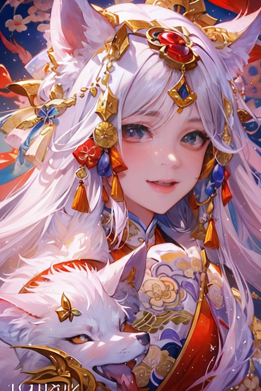 (((​masterpiece)))、(((top-quality)))、((ultra-detailliert))、(illustratio)、((extremely delicate and beautiful))、Bright smile、floating、(Detailed light) (1girl in)、、独奏、The long-haired、The wind is blowing、A WORLD、（cute eye）、A woman in a red dress stands next to a white wolf, a beautiful kitsune woman, by Yang J, Guviz, Guviz-style artwork, onmyoji detailed art, Fantasy Art Style, 8k high quality detailed art, beautiful character painting, chinese fantasy, a beautiful kitsune woman, G Liulian art style, Onmyoji