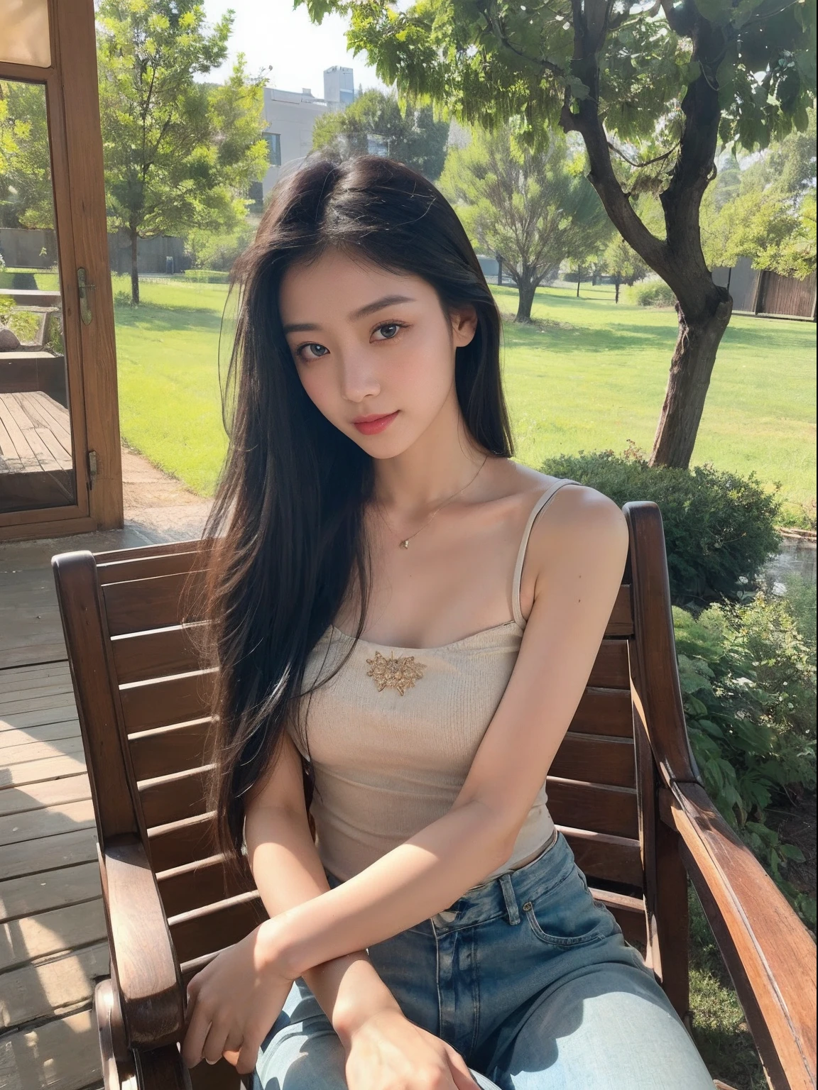 ,masutepiece, Best Quality,8K, 超A high resolution,(beautidful eyes:1.5), ((Medium view,The upper part of the body:1.5)),Early summer morning,The gentle goddess sits in a rocking chair,Shake gently。She held a book in her hand,Savor the words through the glasses,With serene and warm eyes。The sun shines on her,Creates a soft halo,It creates a peaceful and welcoming atmosphere。