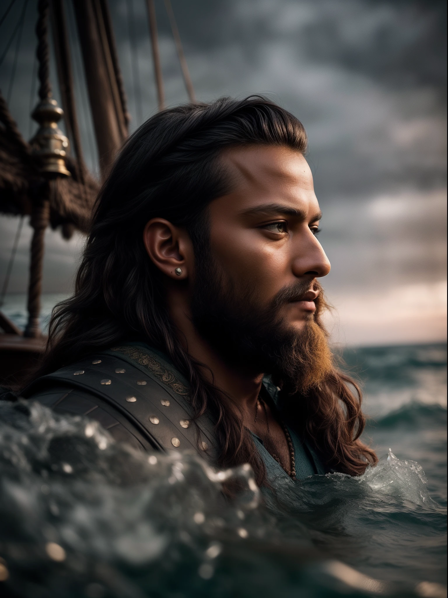 Realistic 16k image of Shakib al hasan as Ragnar Lothbrok (with black hair) onboard a viking longship, ((low angle hero shot)), (Upper body closeup), show Shakib as Ragnar navigating treacherous waters, Shakib al hasan as Ragnar is navigating his crew, show Shakib al hasan commanding the ship crew, this scene will be dark and scary, highlighting Shakib al hasan sailing on treacherous waters, dark tones with moonlit seas, dark and intimidating atmosphere like Viking series colour tone, ((sharp focus on portrait)), (balanced composition), high quality and realistic image, cinematic style, ((Best quality, 8k, Masterpiece), rough face, detailed skin, masterpiece, professional photography, (high detail:1 1), natural skin, (detailed face and eyes), (face: 1 2), noise, real photo, film photography, high resolution, 8k, realistic, 8k UHD, SLR camera, high quality, film grain, (Fujifilm X-T20, Fujifilm Fujinon XF 50mm f/2 R WR lens, Lens focal Length 50mm, Shutter speed 1/300 sec, APERTURE: 2, ISO: 80), volumetric lighting, dark background, dark fantasy, highly detailed, sharp focus, shallow depth of field, bokeh, blurry background, high contrast, contrast lighting, (dim colours), exposure blend, (dusty:1.3)