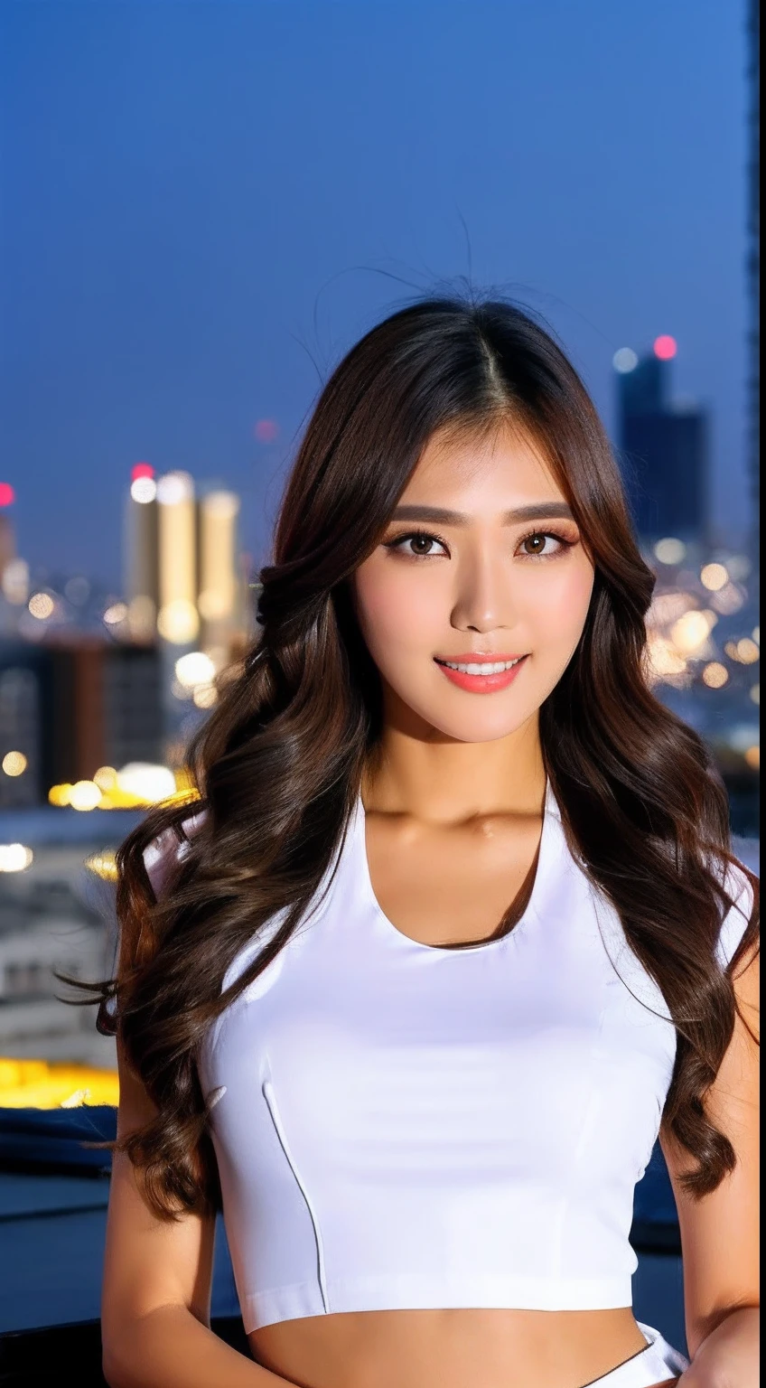 ((Midnight, Best quality, 8k, Masterpiece :1.3)), Whole body, Long legs, Sharp focus :1.2, A pretty woman with perfect figure :1.4, Slender abs :1.1, ((Dark brown hair, Big breasts :1.2)), (White tight tshirt, Jean bib, Standing:1.2), ((Night city view, Rooftop:1.3)), Highly detailed face and skin texture, Detailed eyes, Double eyelid