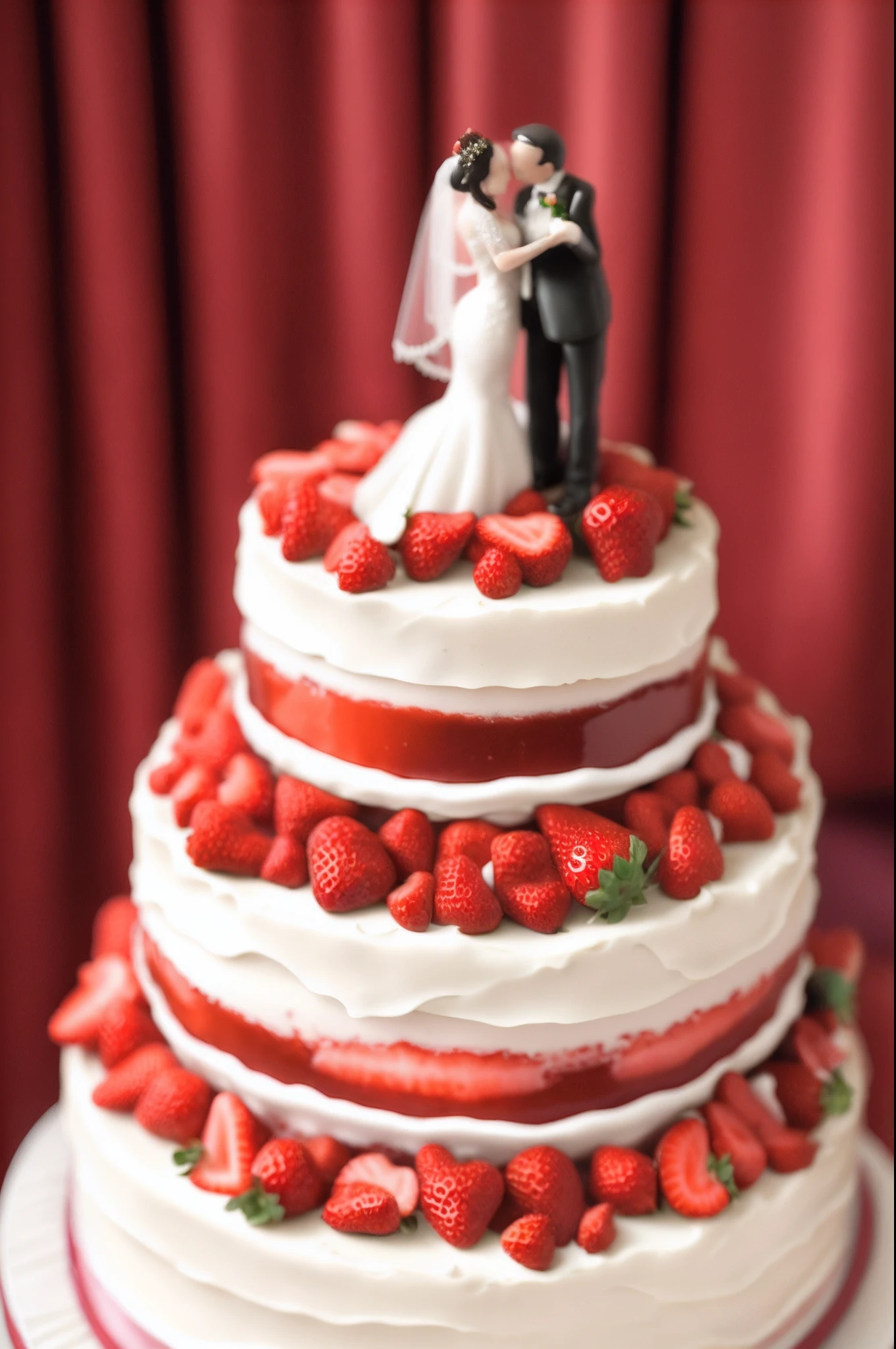 Arafe wedding cake with strawberries and figurines of the bride and groom, a cake, ighly detailed, vivd colour, Balanced, with an intricate, Dolce, glazed, Wedding, Perfect Detail