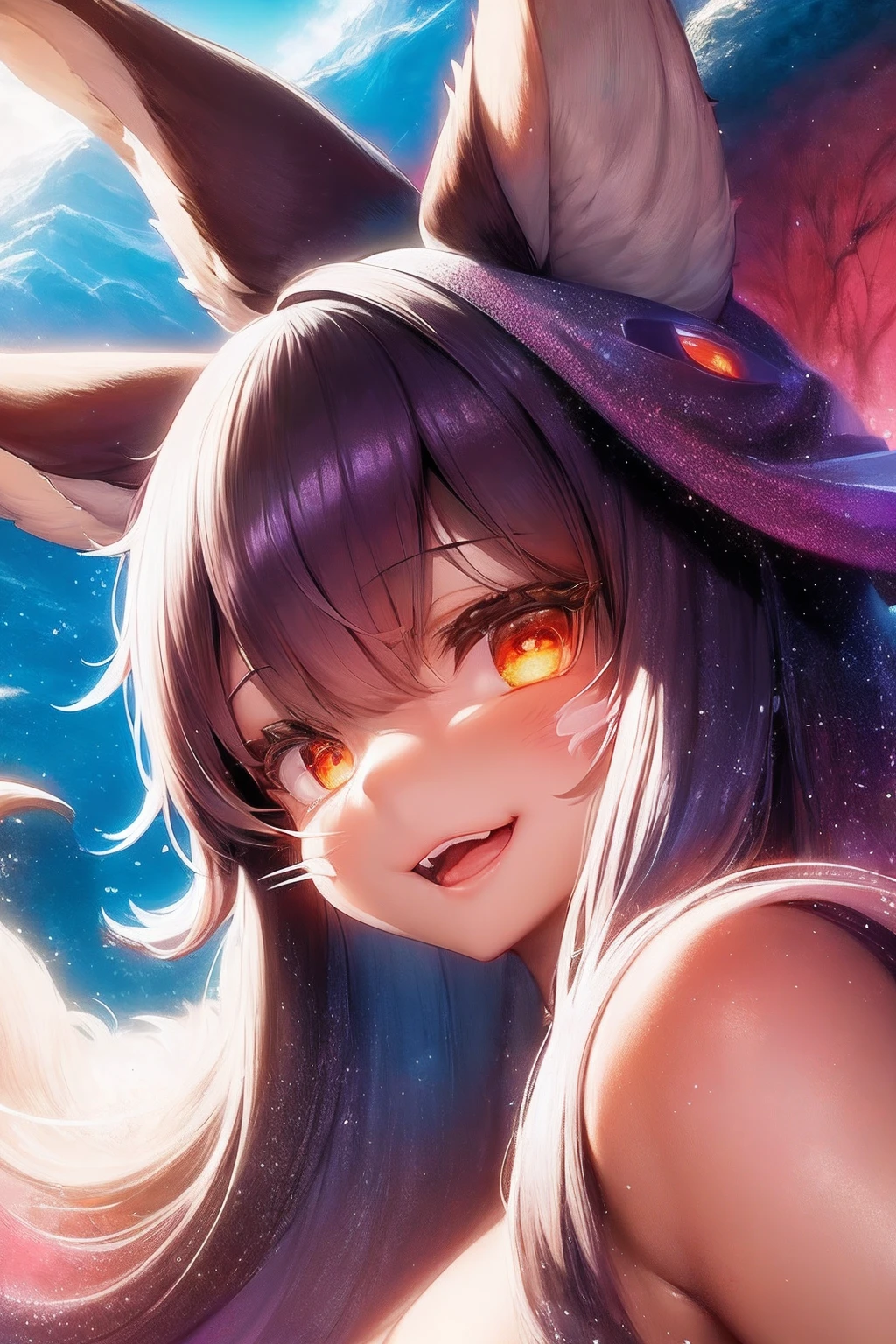 face focus, portrait, avatar, fluffy, :D, cute, 1girl, pink long air, solo, furry,ojos morados, nanachi \(made in abyss\), nanachihat, looking at viewer, smile,