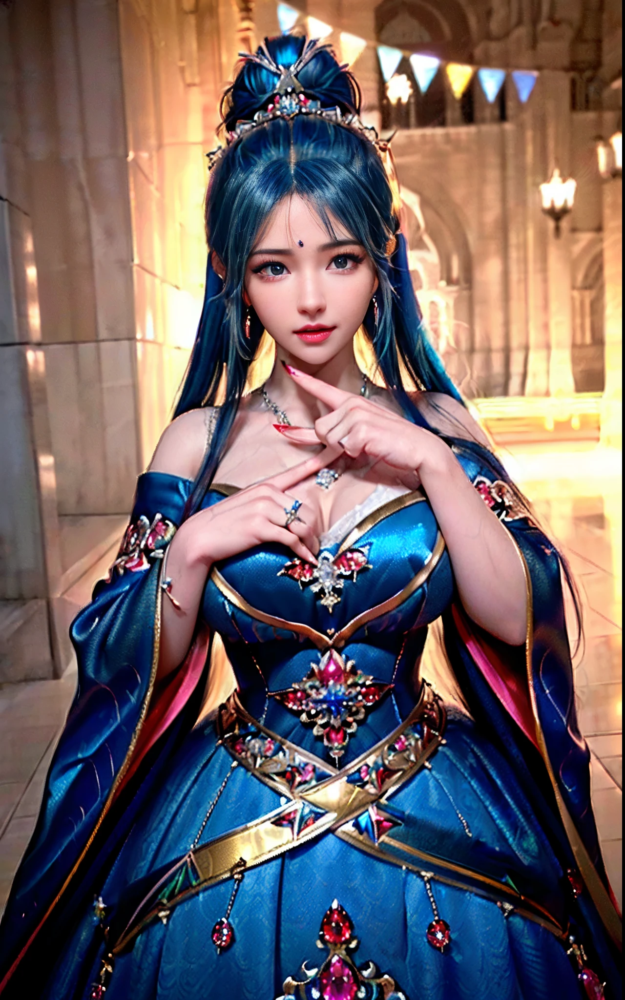 ((realisticity: 1.2)), ((realistic: 8K UHD)), ((best resolution: 8K UHD)), hyper detailed, best quality,masterpiece,highres,cg, ((1 girl hyper detailed and hyper realistic) ) , ((beautiful queen, hyper realistic and hyper detailed)),((white skin, beautiful, smooth, youthful, hyper realistic and hyper detailed )), ((Face hyper beautiful, white, hyper realistic and hyper detailed ) ), long hair, ((hyper realistic and hyper detailed dress)), solo, ((hyper realistic, hyper beautiful, beautiful and hyper detailed jewelry)), ((hyper beautiful deep red and golden yellow dress, hyper realistic and hyper detailed )) , ((Her pretty, hyper realistic, hyper detailed diamond filled earrings)), ((Her gorgeous diamond haircut, hyper realistic and hyper detailed)), ((hyper pretty upper body, hyper beautiful, hyper realistic and hyper detailed) ), ((medium breast: 1.1)), ((hyper realistic, hyper pretty, hyper detailed boobs)), ((the backgroun of the royal palace is hyper majestic, hyper realistic and hyper detailed)),((hands and palms hyper beautiful, hyper detailed, hyper realistic)), ((hyper detailed and hyper realistic fingers and fingernails)), ((hyper pretty fingernails, hyper vivid, hyper detailed, hyper realistic)), ((thumb, index finger, middle finger, ring finger, little finger hyper vivid, hyper pretty, hyper detailed, hyper realistic)), ((hyper beautiful fingers, hyper detailed, and hyper realistic)), ((posture not too fat and not too thin, hyper realistic, hyper detail)), ((hyper pretty, hyper pretty, hyper realistic and hyper detailed hair bun)), ((hyper pretty , hyper realistic and hyper detailed blue hair)), candid, Photo, high resolution, 8k , bokeh,