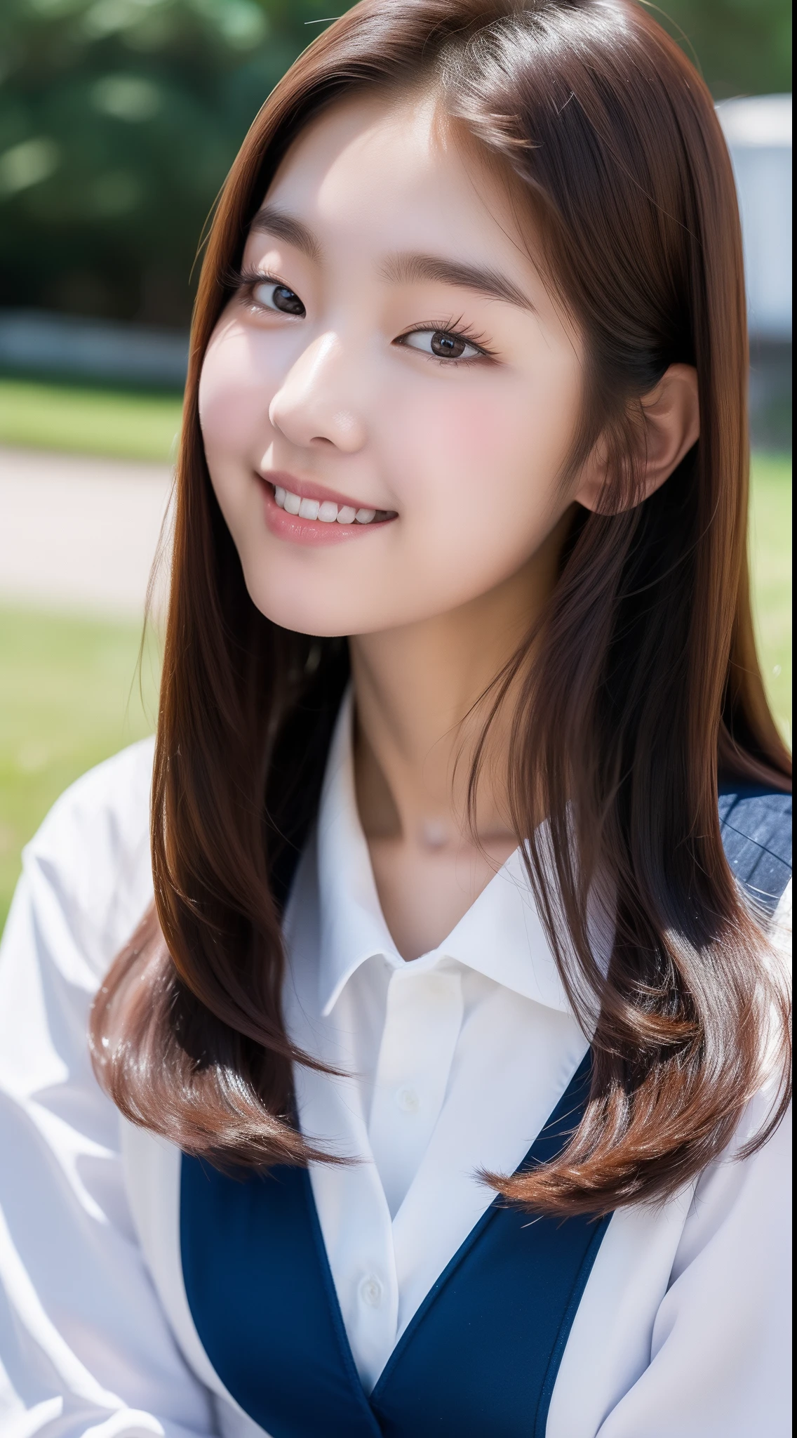 realistic photos of (1 cute Korean star) shoulder-length hair, white skin, thin makeup, 32 inch breasts size, slightly smile, wearing university uniform, at the canteen,  close-up, 16k