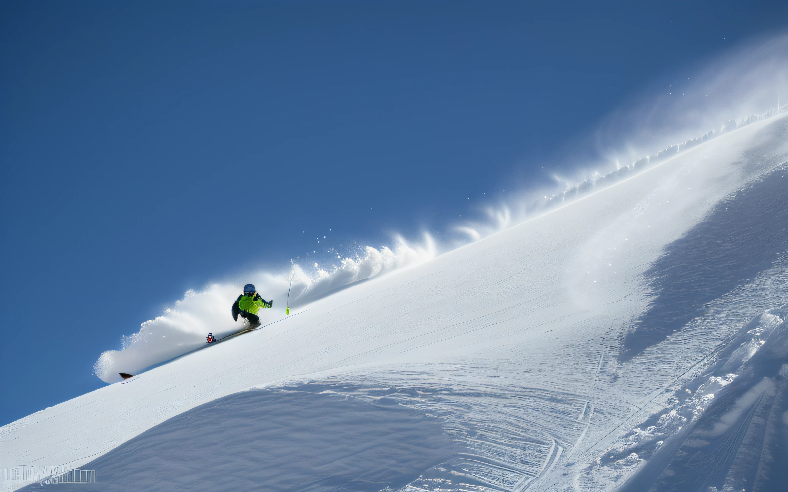 Skiers in green jackets ski on steep slopes, Amazing skiing, Powder, Amazing skis, author：Matthias Wescher, high snow, author：Dietmar Dammelau, skiing, Steep, whistler, author：Peter Church, author：Werner Undermatt, author：Cedric Peraverne, crisp smooth lines, skidding, author：Jeffrey Smith, best seller，blue-sky，Blue sky